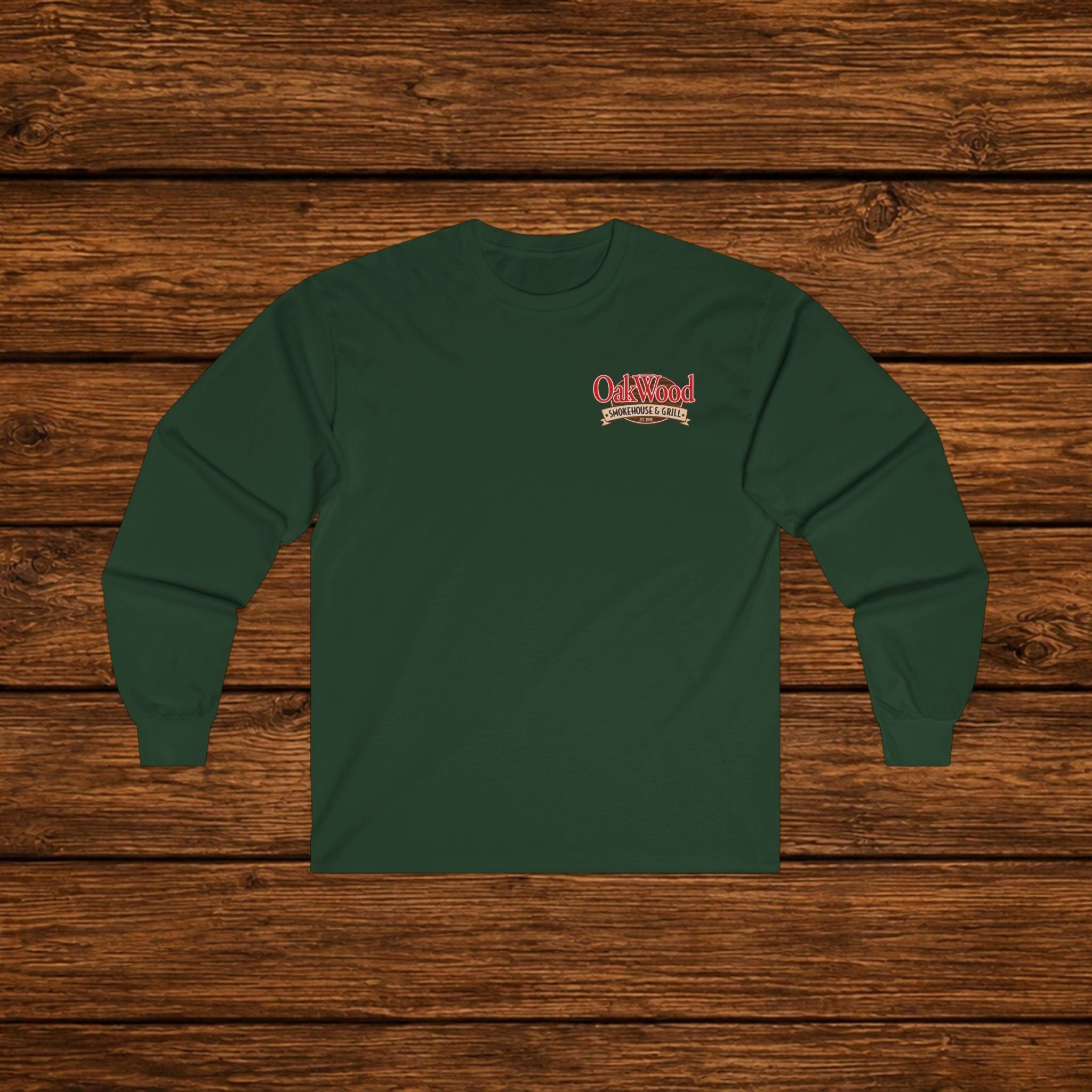Classic 'Oakwood Smokehouse' Long Sleeve Tee — Rustic Lumberjack Woodpile Design