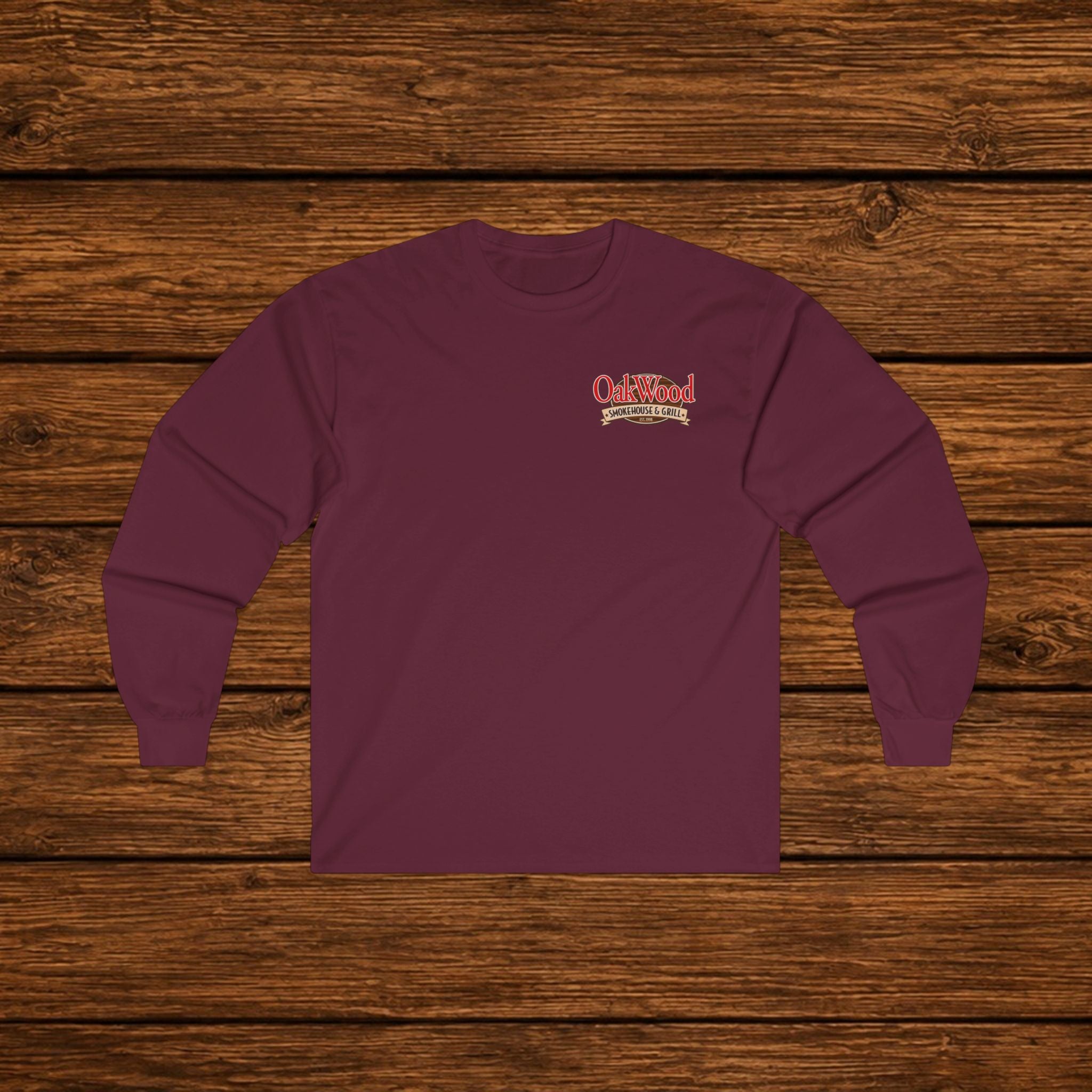 Classic 'Oakwood Smokehouse' Long Sleeve Tee — Rustic Lumberjack Woodpile Design