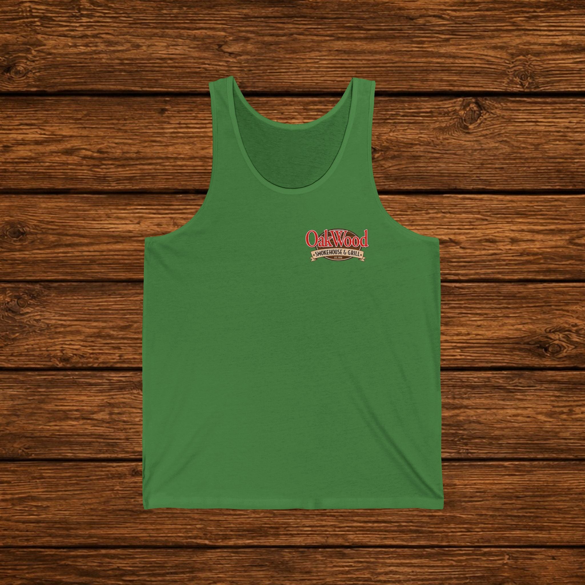 Oakwood Barbecue Logo Tank Top — Vintage BBQ Grillman Chest Design