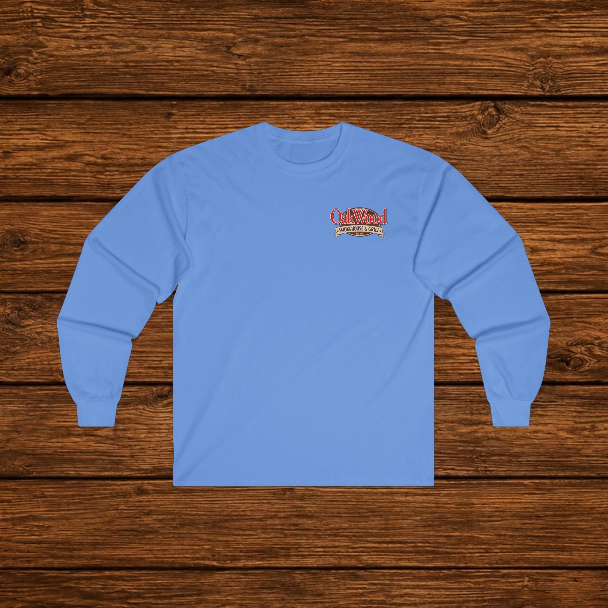 Classic 'Oakwood Smokehouse' Long Sleeve Tee — Rustic Lumberjack Woodpile Design