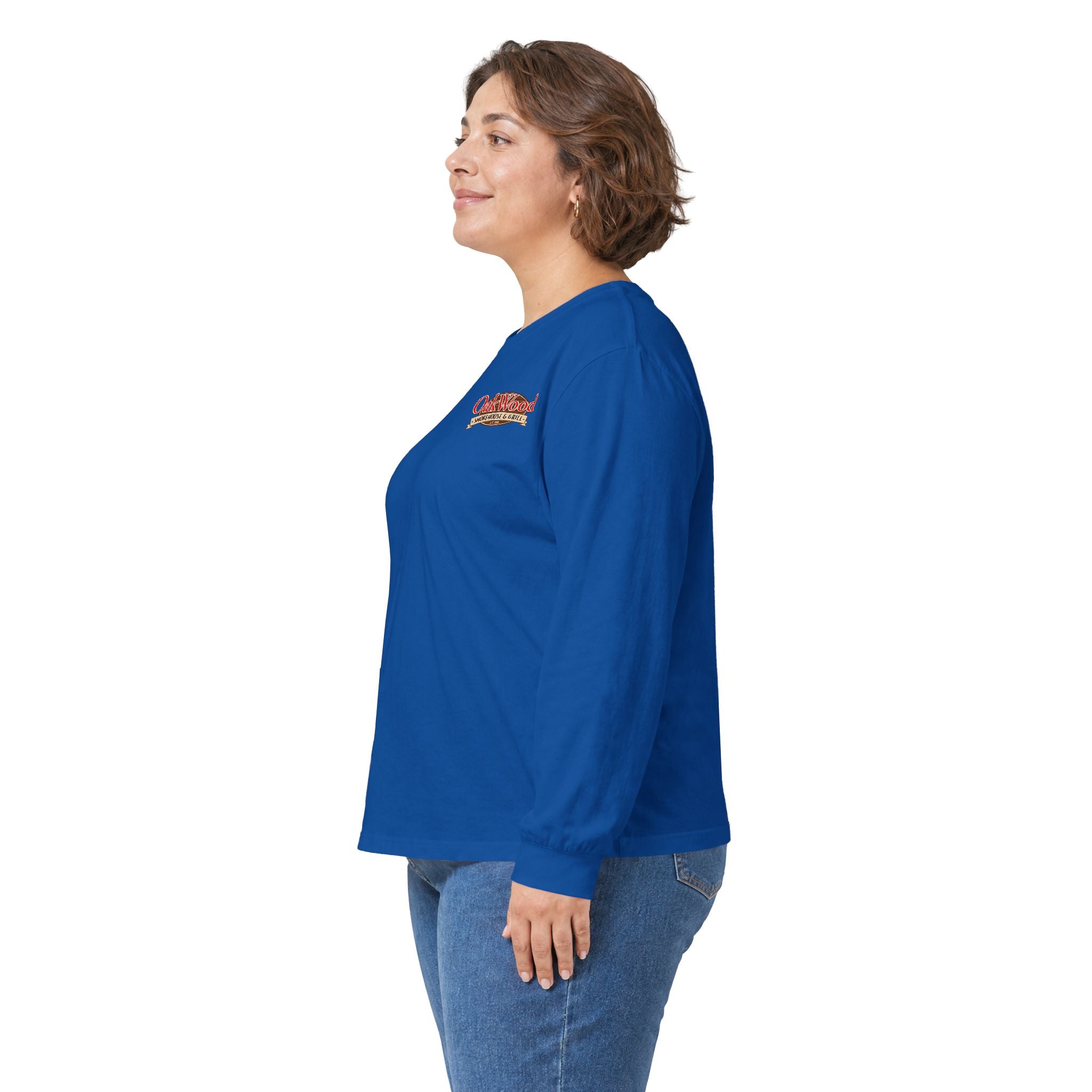 Classic 'Oakwood Smokehouse' Long Sleeve Tee — Rustic Lumberjack Woodpile Design