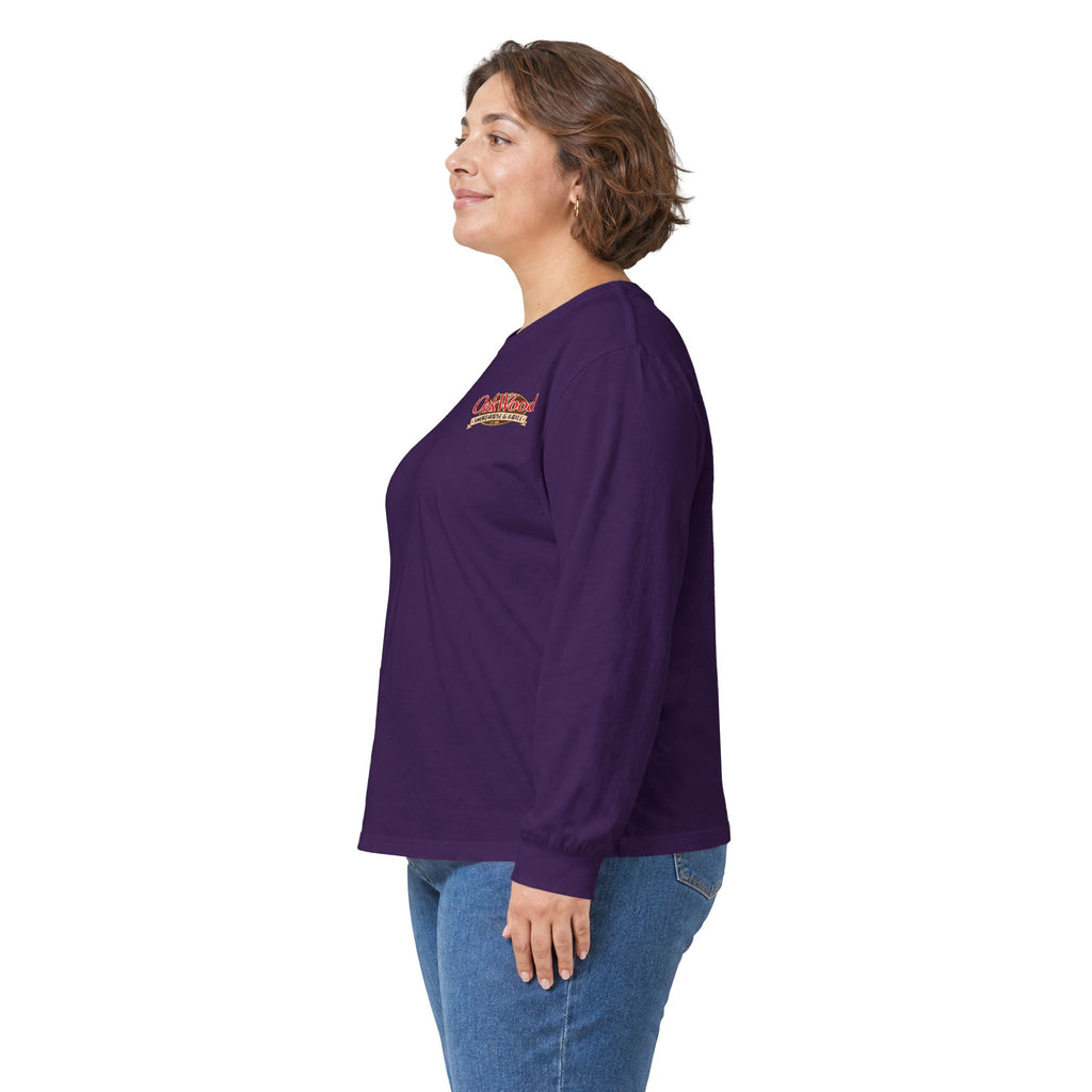 Classic 'Oakwood Smokehouse' Long Sleeve Tee — Rustic Lumberjack Woodpile Design