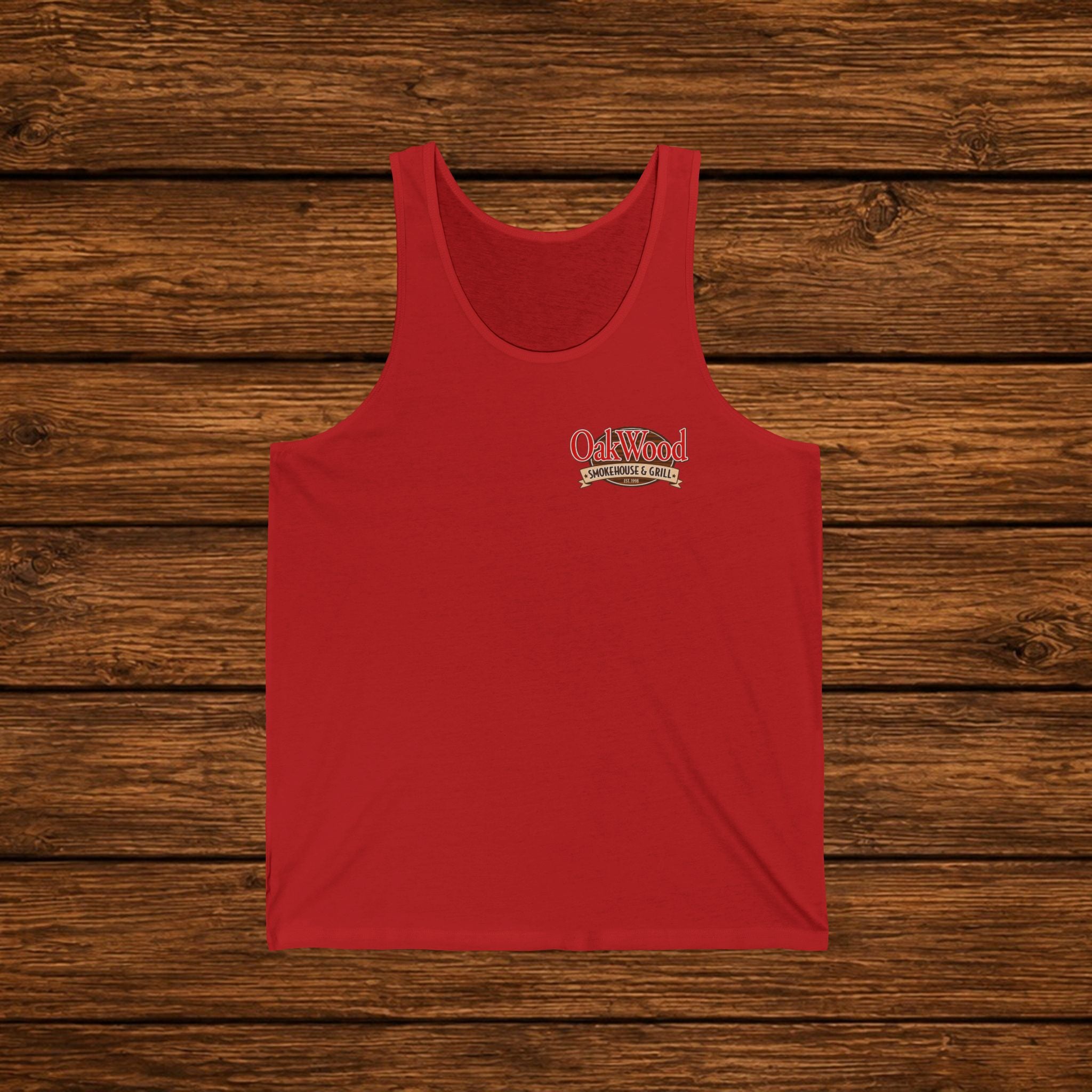 Oakwood Barbecue Logo Tank Top — Vintage BBQ Grillman Chest Design