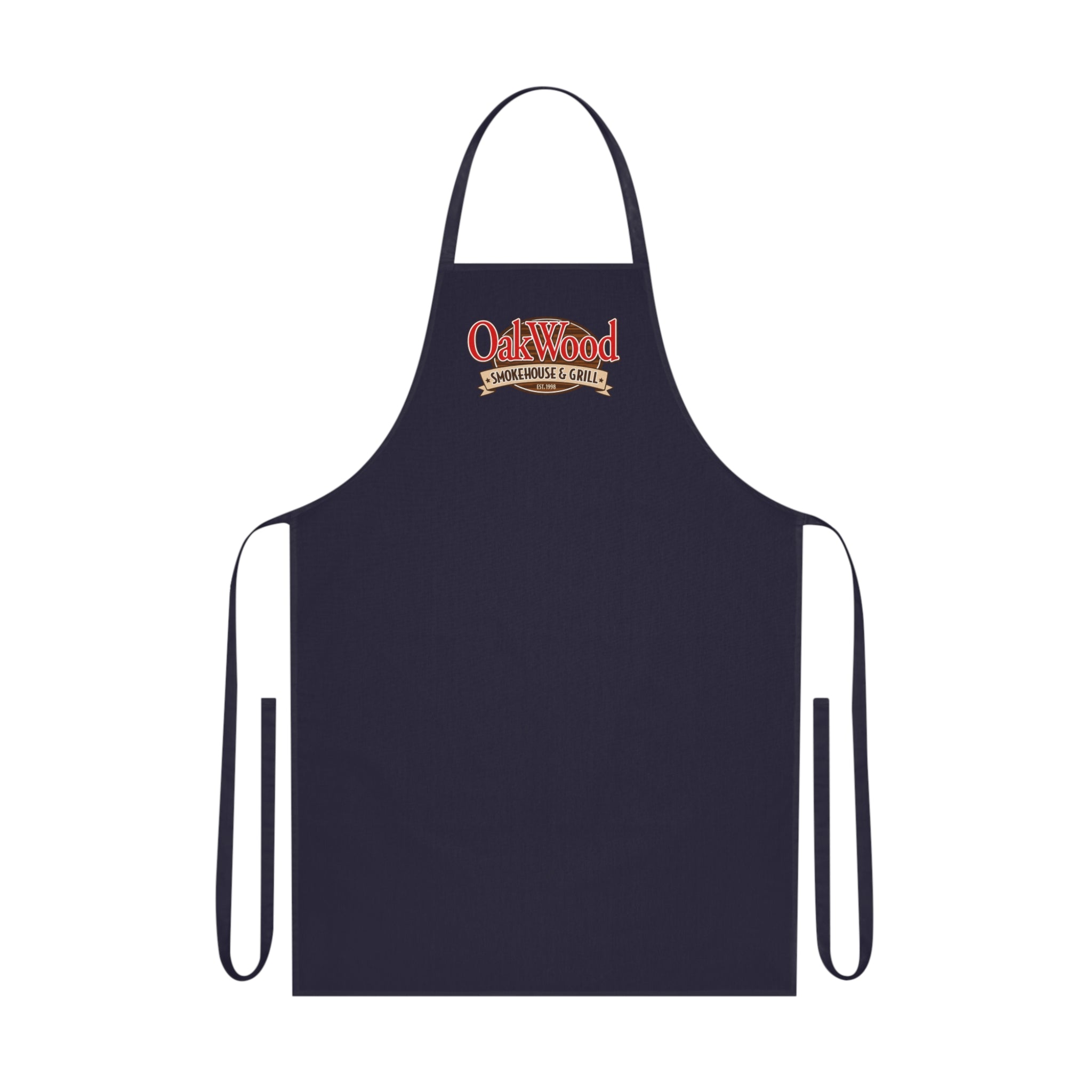 Cotton Apron — "OakWood Barbecue & Grill" Logo Cooking Apron, Black Chef Apron for BBQ, Grillmasters & Home Cooks
