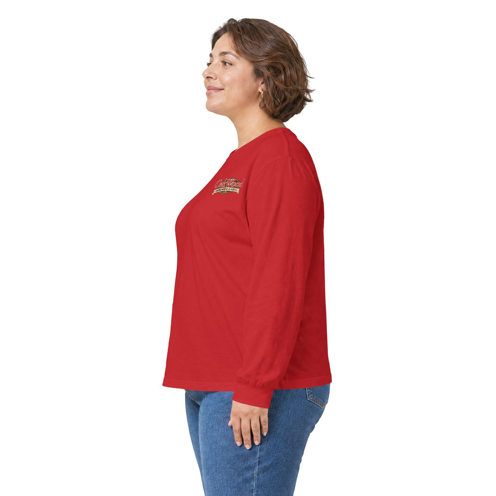 Classic 'Oakwood Smokehouse' Long Sleeve Tee — Rustic Lumberjack Woodpile Design