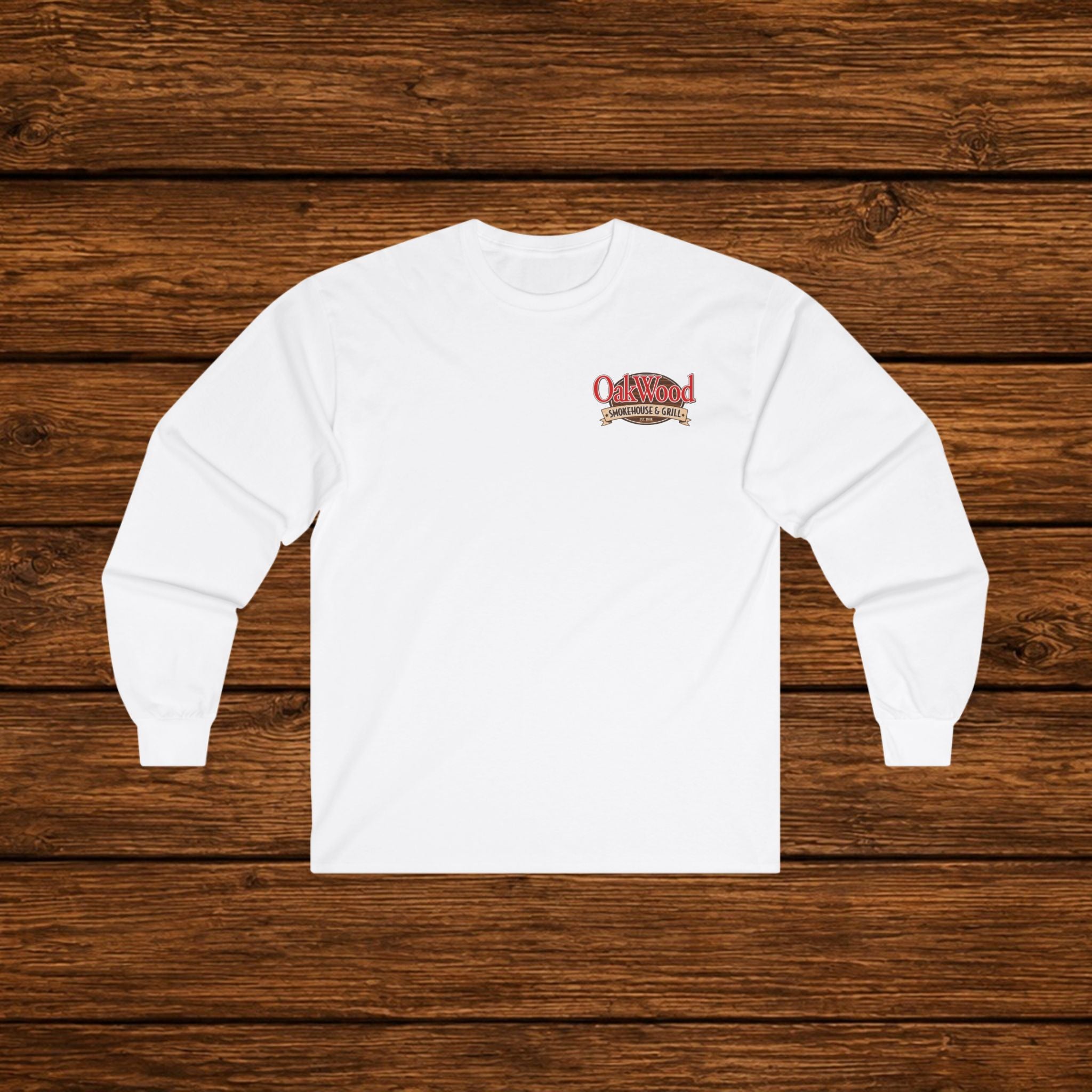 Classic 'Oakwood Smokehouse' Long Sleeve Tee — Rustic Lumberjack Woodpile Design