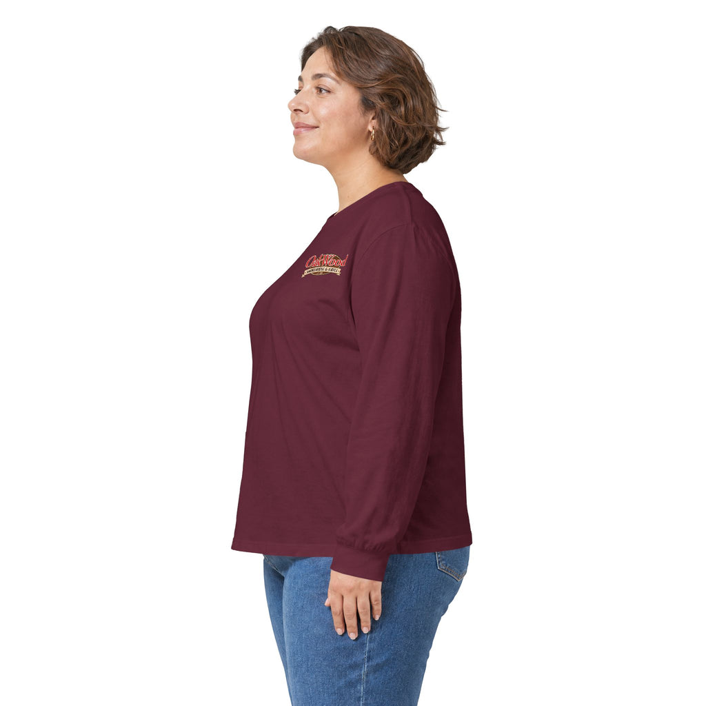 Classic 'Oakwood Smokehouse' Long Sleeve Tee — Rustic Lumberjack Woodpile Design