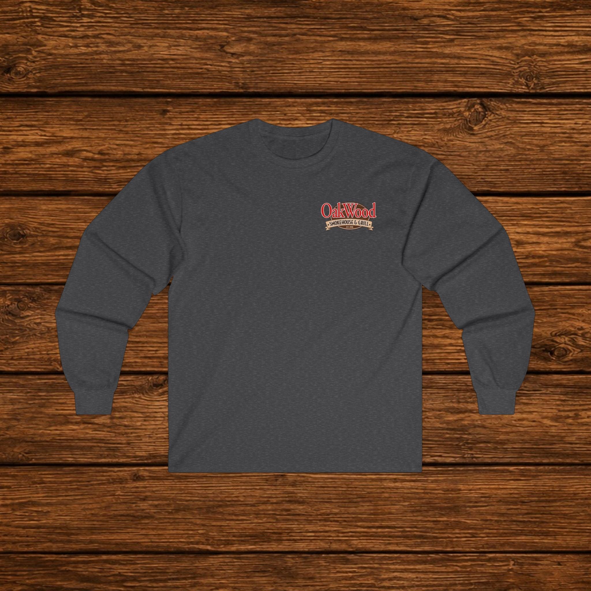 Classic 'Oakwood Smokehouse' Long Sleeve Tee — Rustic Lumberjack Woodpile Design