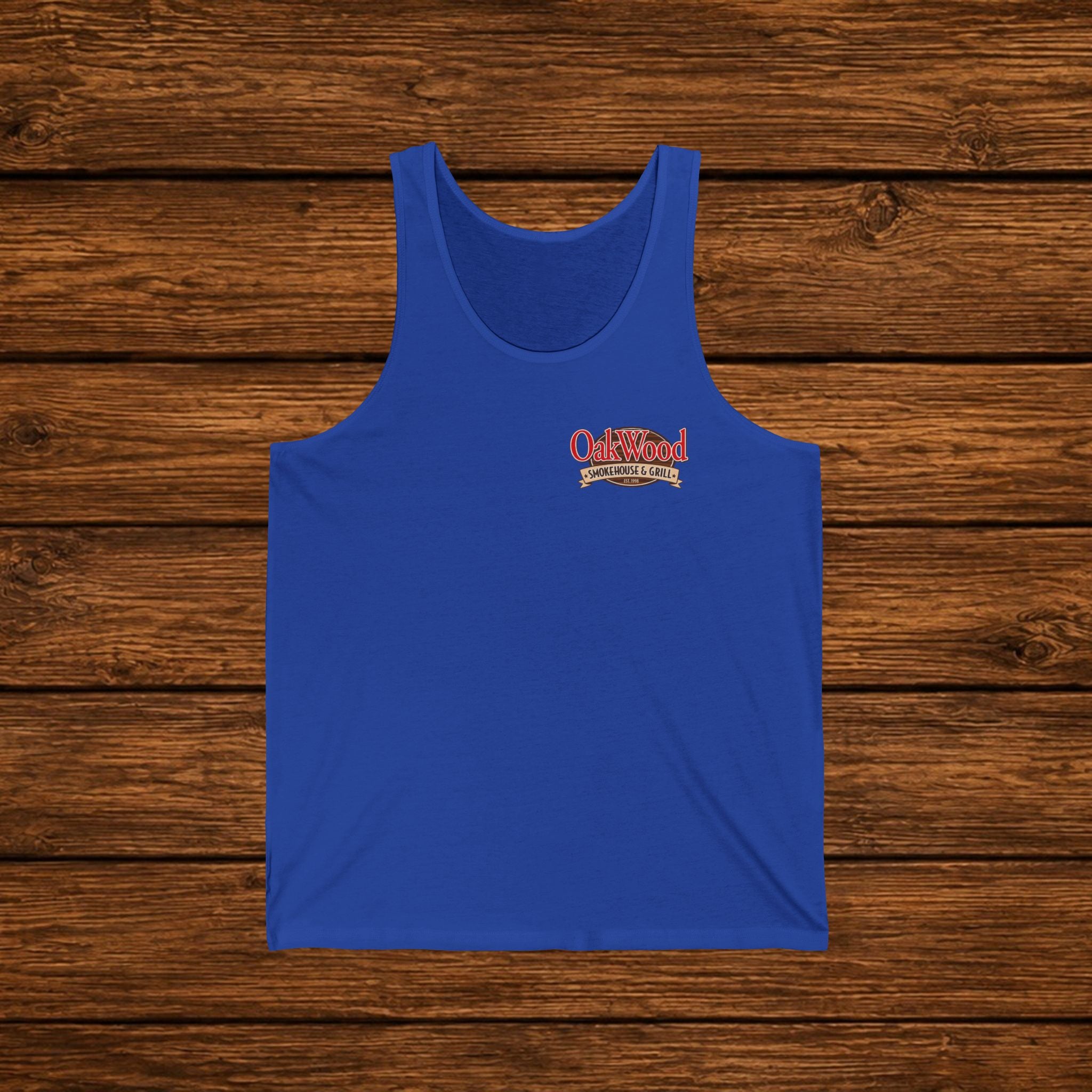 Oakwood Barbecue Logo Tank Top — Vintage BBQ Grillman Chest Design