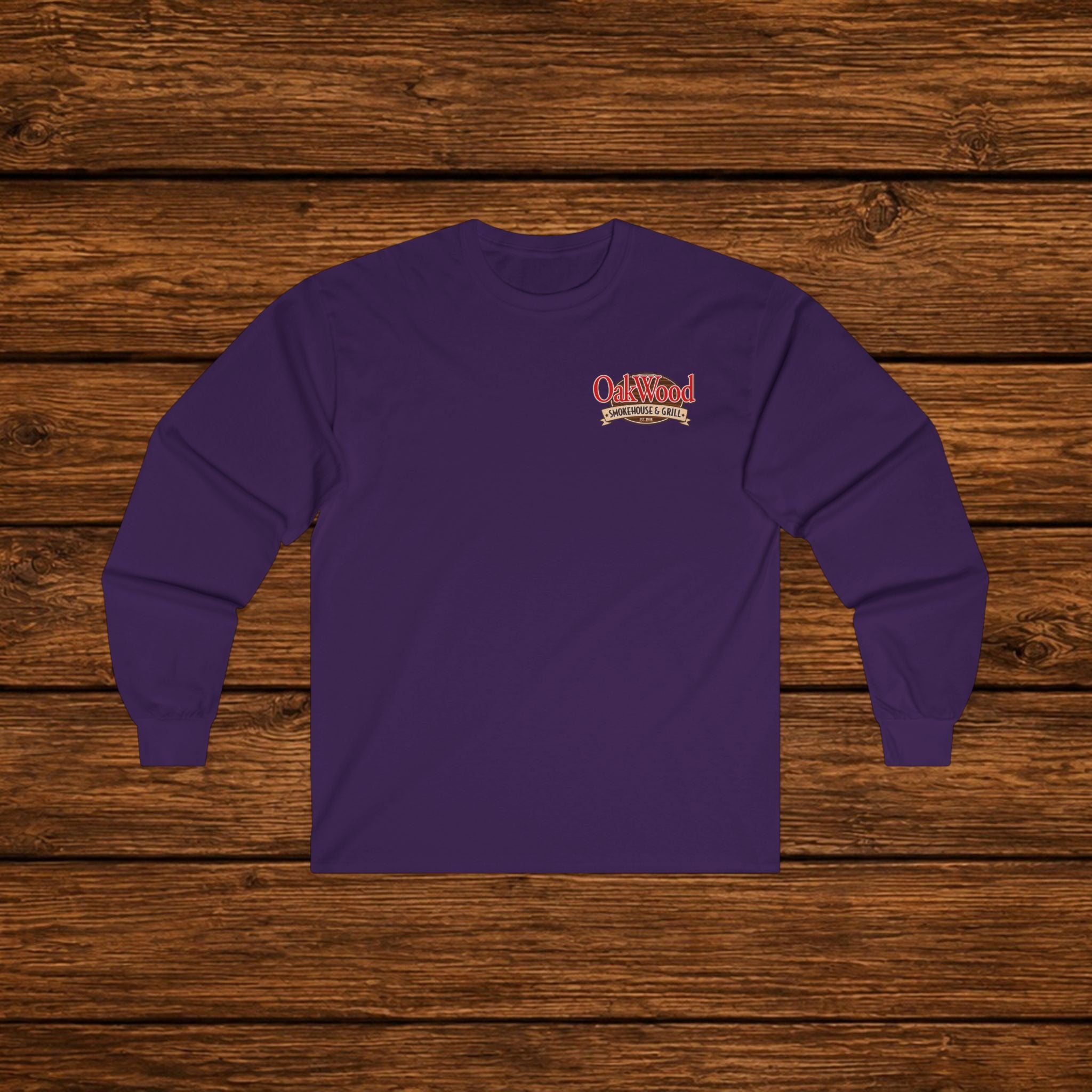 Classic 'Oakwood Smokehouse' Long Sleeve Tee — Rustic Lumberjack Woodpile Design