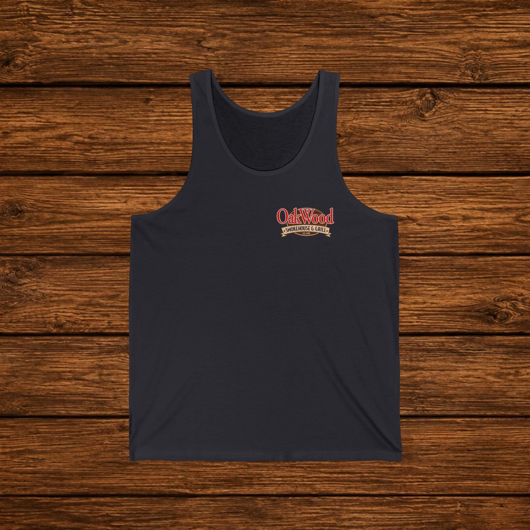 Oakwood Barbecue Logo Tank Top — Vintage BBQ Grillman Chest Design