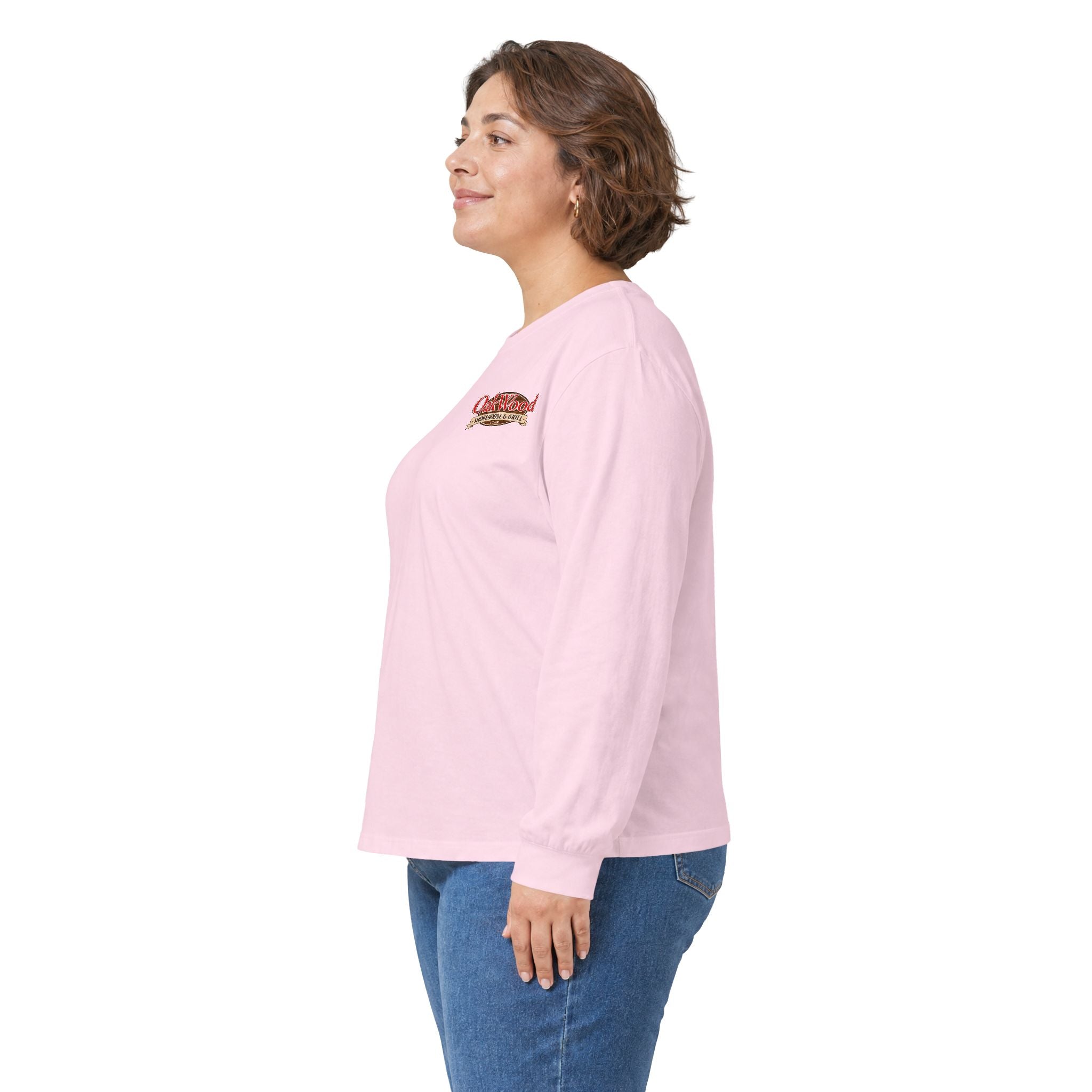 Classic 'Oakwood Smokehouse' Long Sleeve Tee — Rustic Lumberjack Woodpile Design
