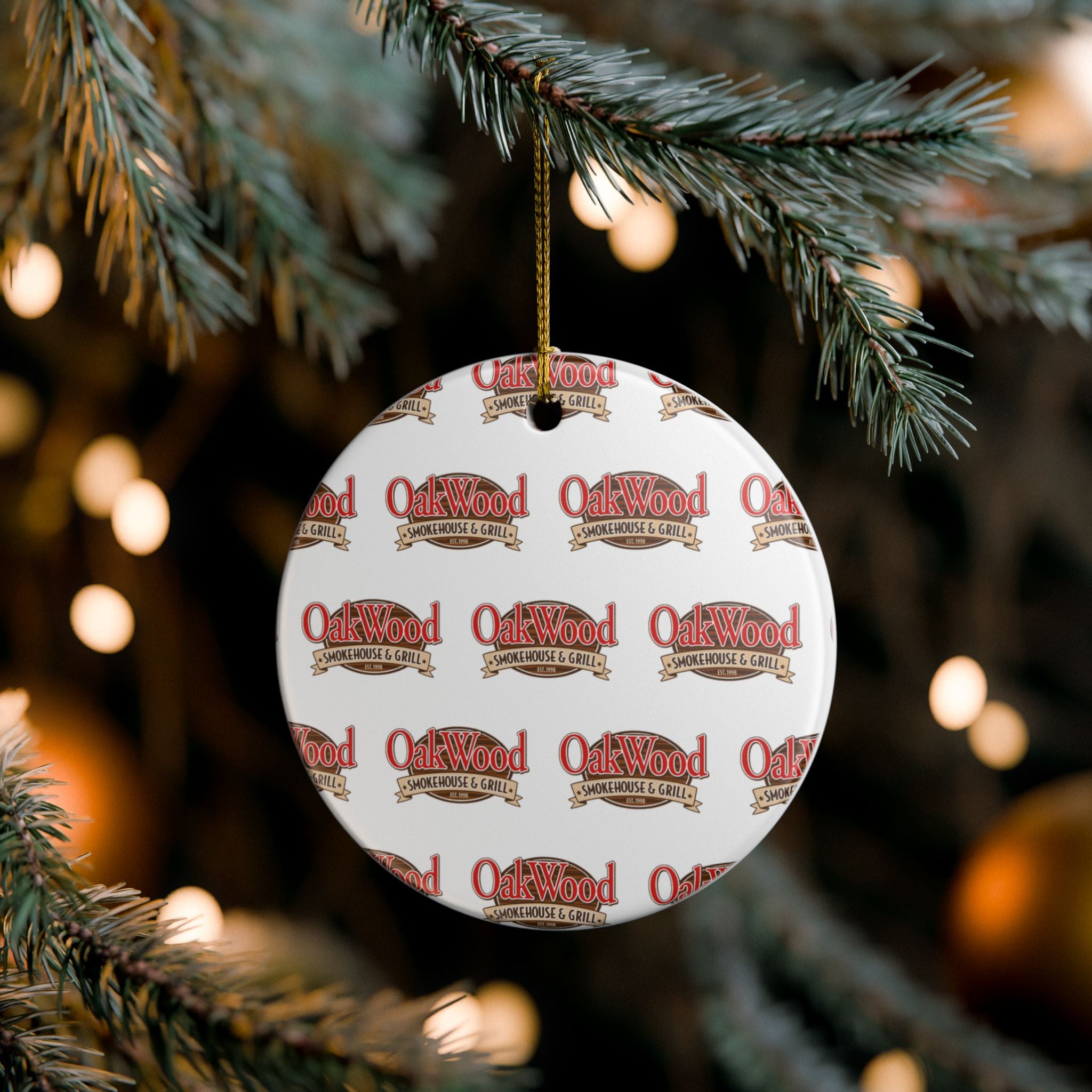 Ceramic Christmas Ornament — OakWood Smokehouse & Grill Logo "Merry Christmas" Keepsake