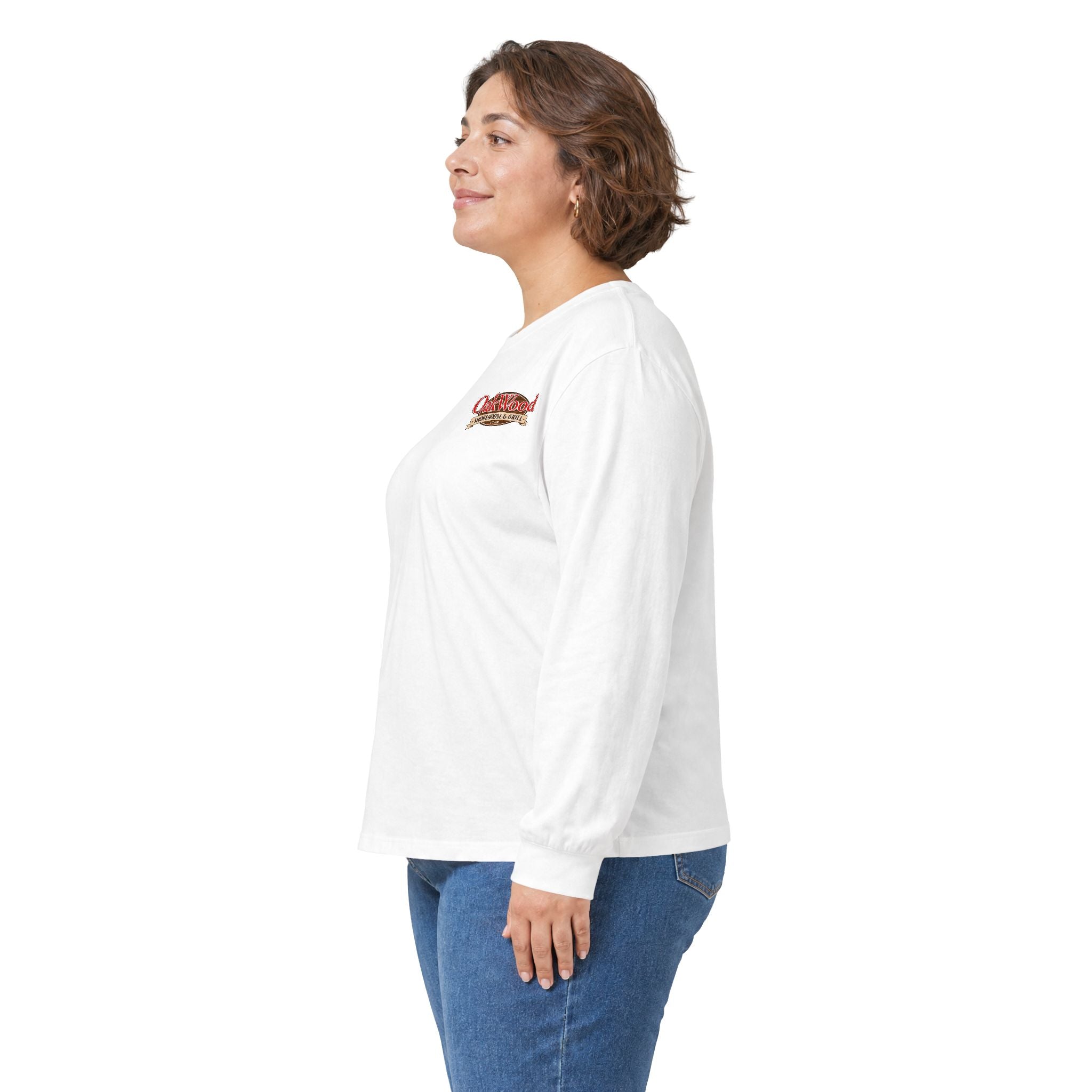 Classic 'Oakwood Smokehouse' Long Sleeve Tee — Rustic Lumberjack Woodpile Design