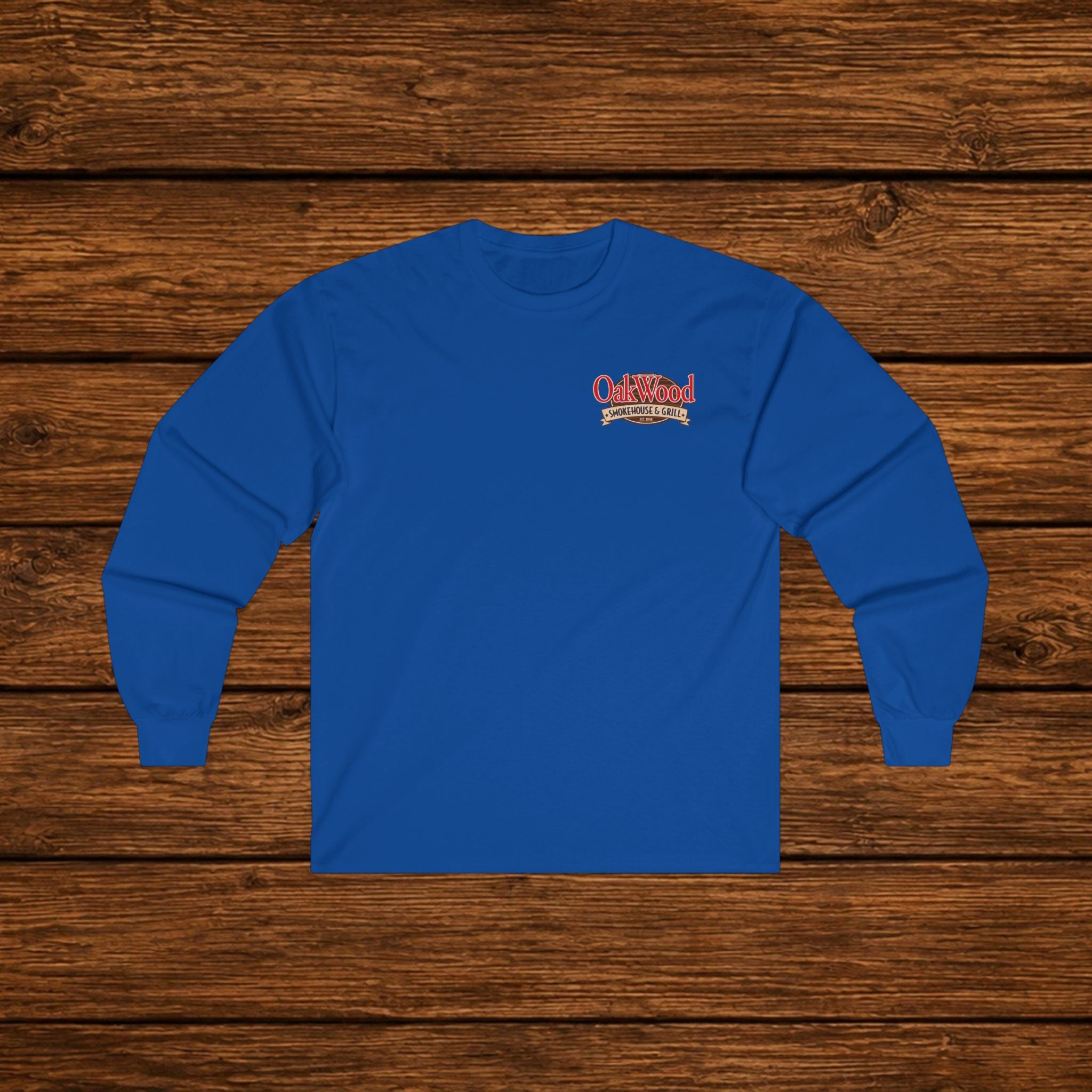 Classic 'Oakwood Smokehouse' Long Sleeve Tee — Rustic Lumberjack Woodpile Design