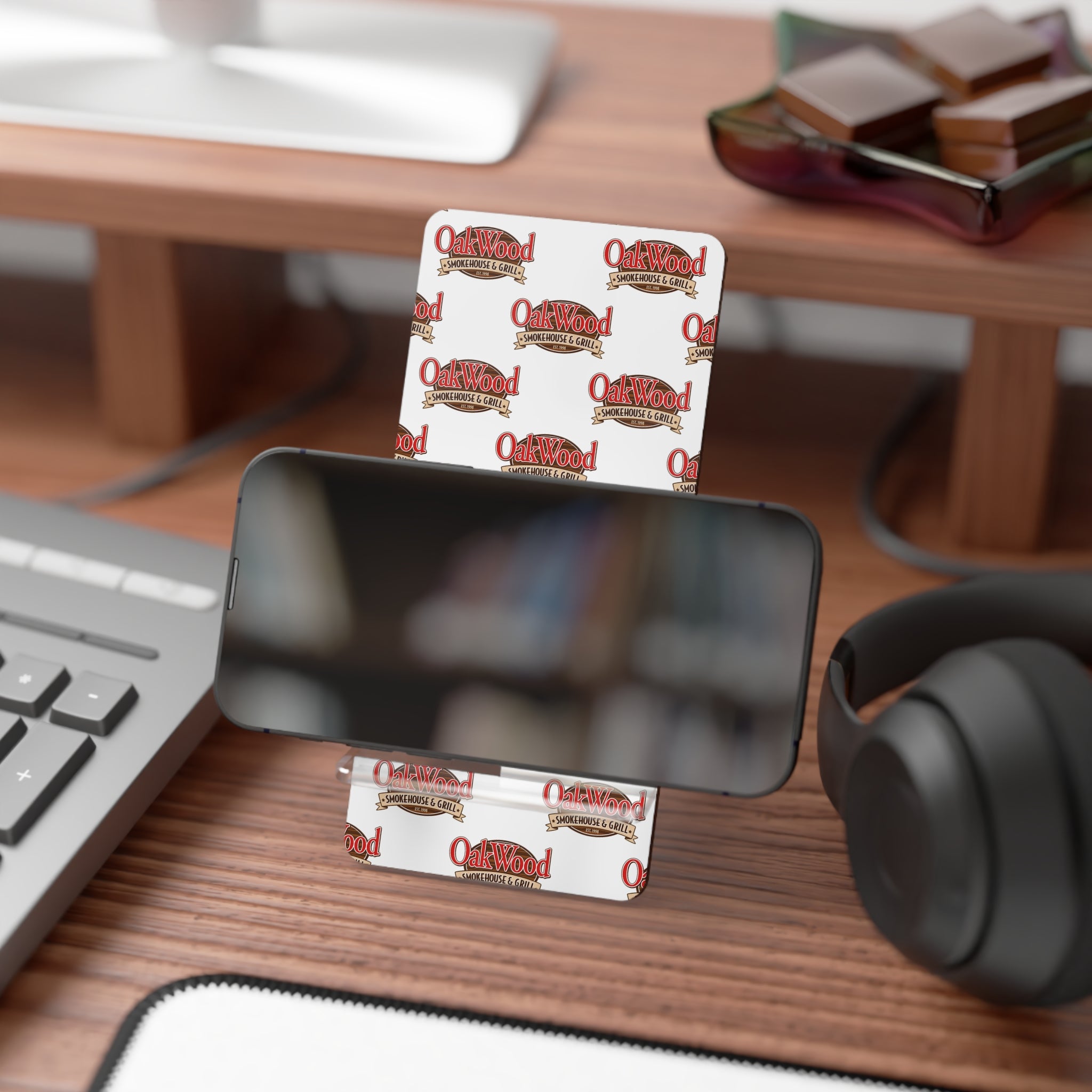 Branded Mobile Phone Stand — OakWood Motorworks Logo Desktop Holder