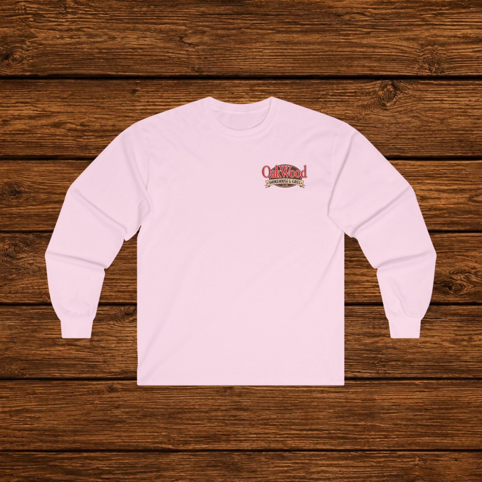 Classic 'Oakwood Smokehouse' Long Sleeve Tee — Rustic Lumberjack Woodpile Design