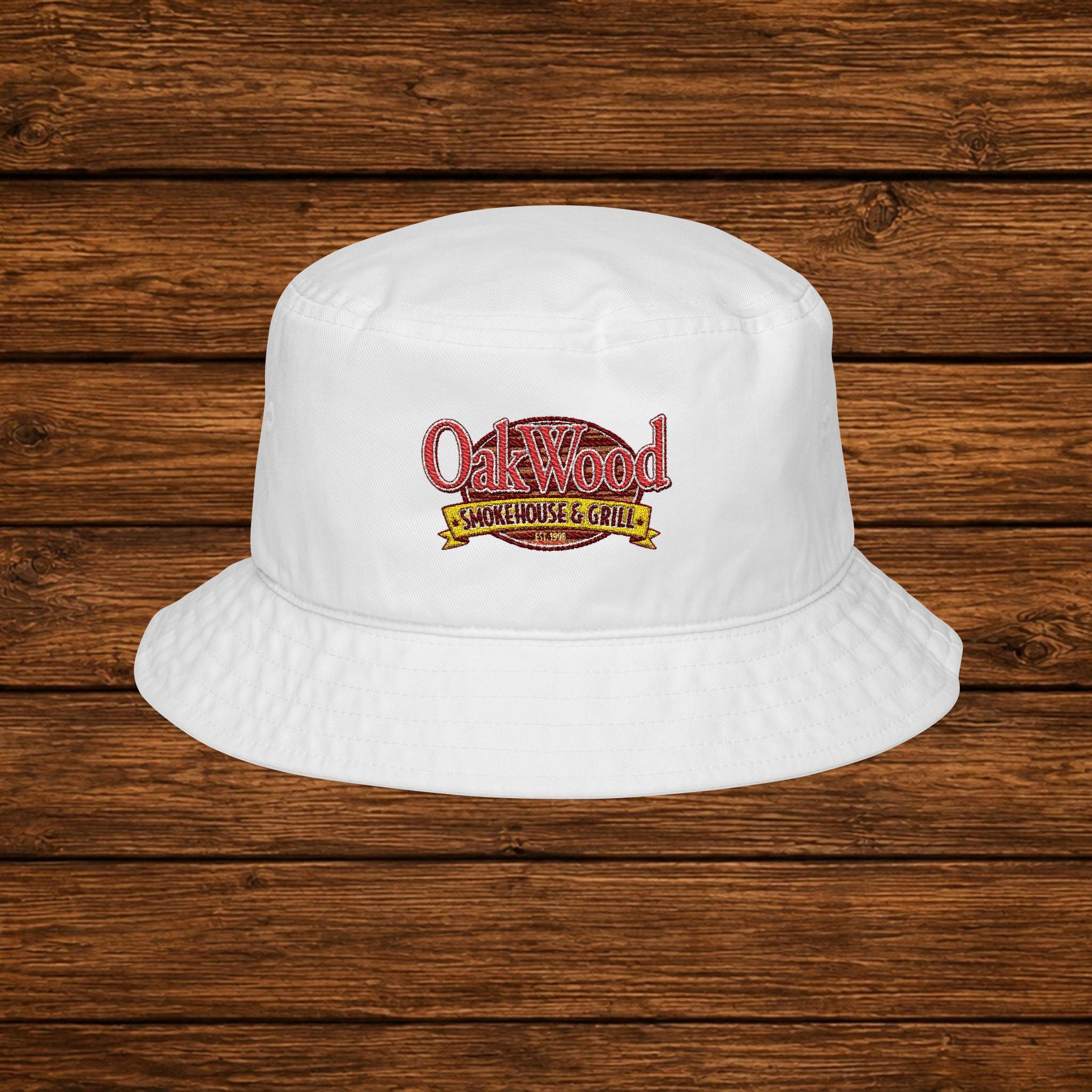 Embroidered Oxford Floral Logo Bucket Hat — Vintage Campus Style