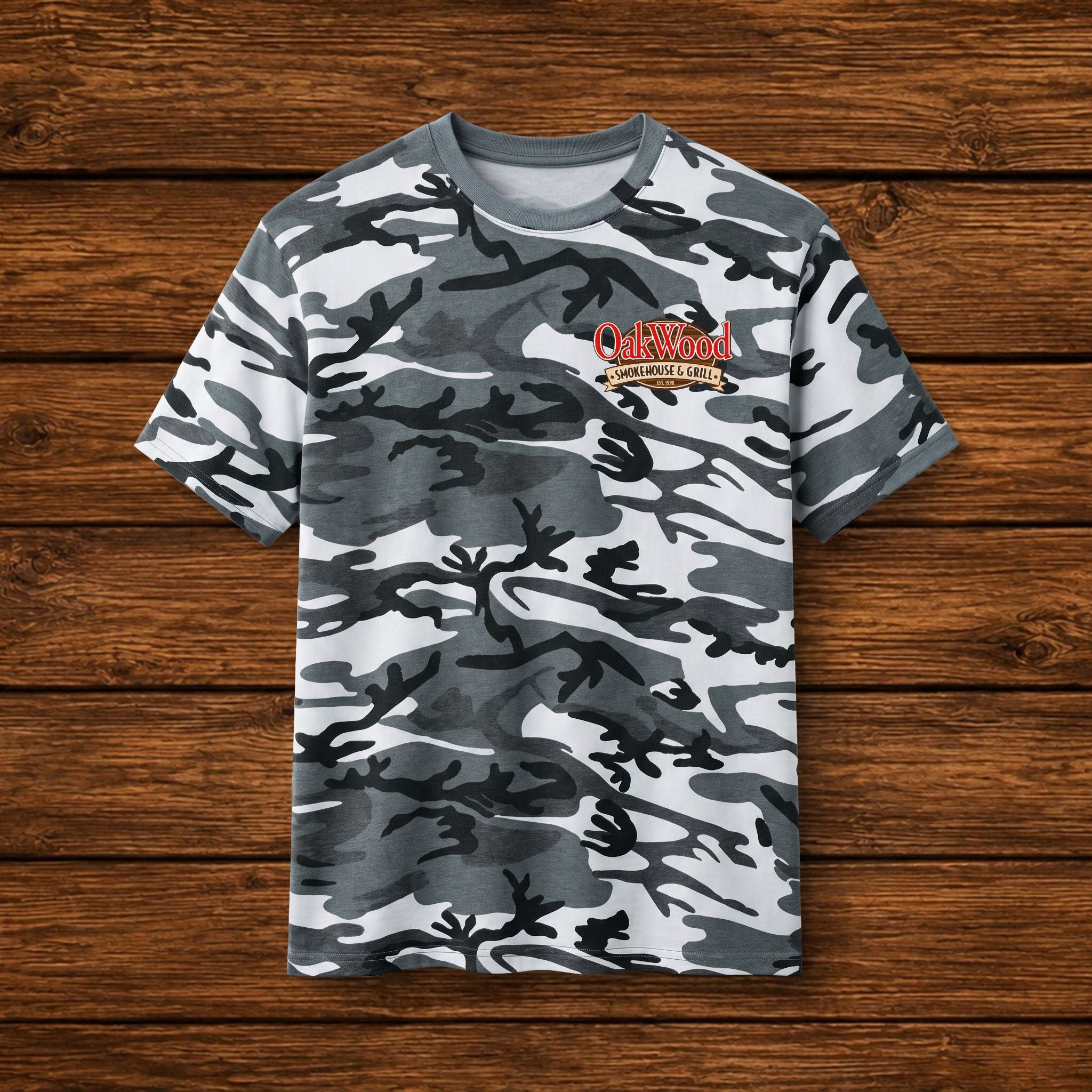 Camo Graphic Tee — 'OakWood' Logo Cotton T-Shirt