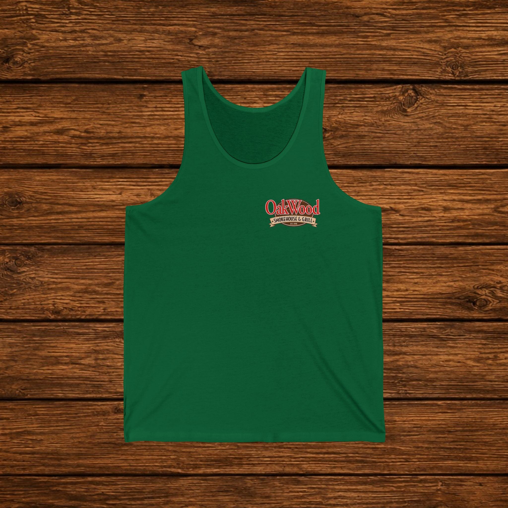 Oakwood Barbecue Logo Tank Top — Vintage BBQ Grillman Chest Design