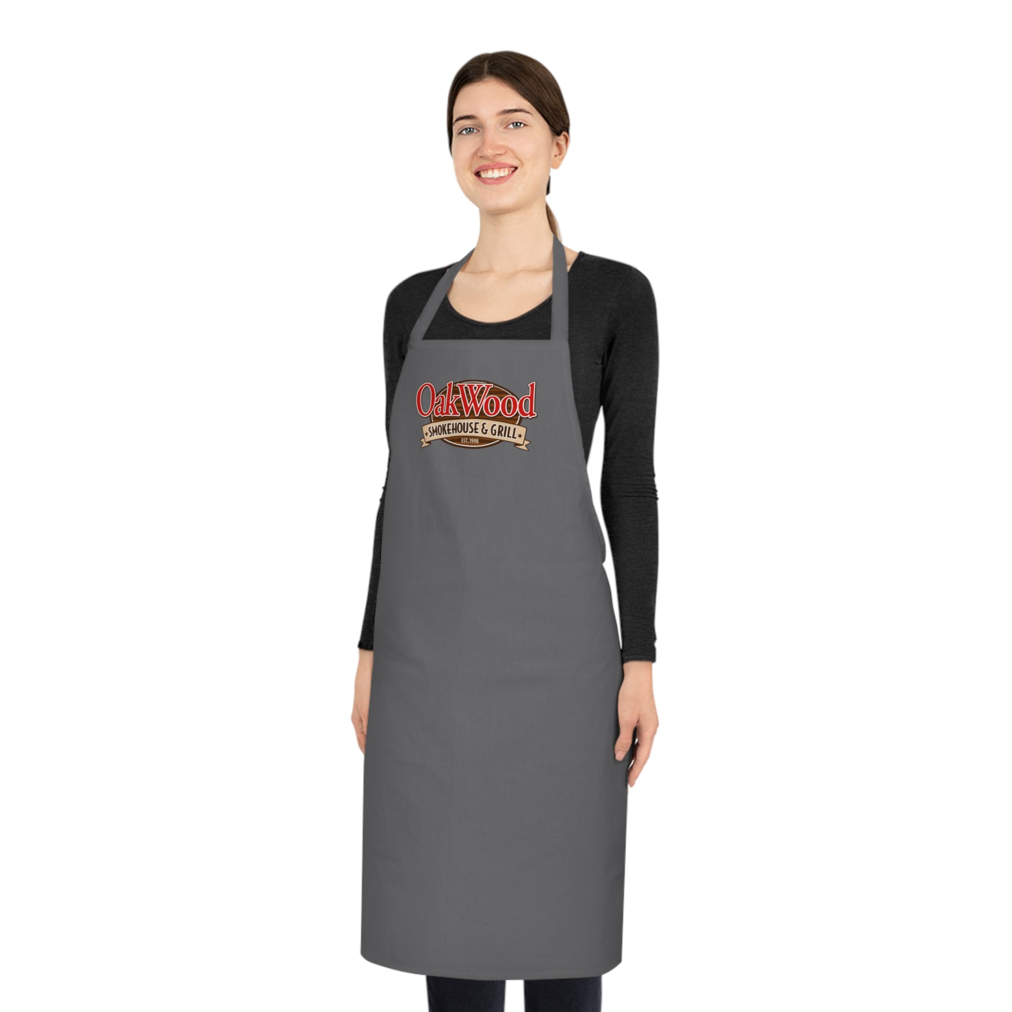 Cotton Apron — "OakWood Barbecue & Grill" Logo Cooking Apron, Black Chef Apron for BBQ, Grillmasters & Home Cooks