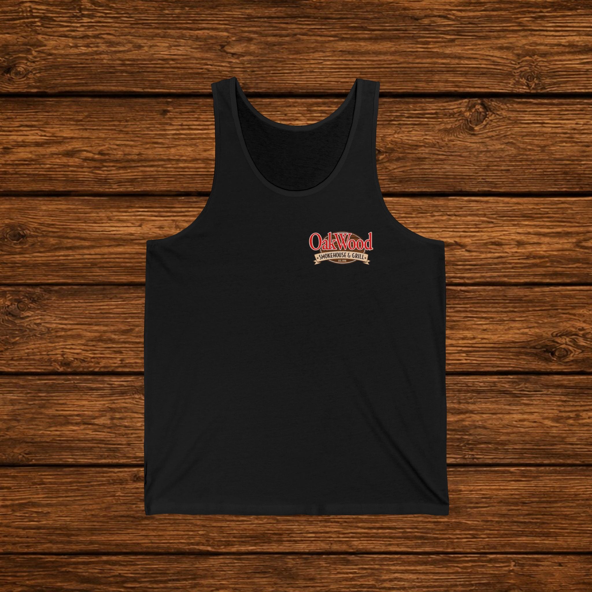 Oakwood Barbecue Logo Tank Top — Vintage BBQ Grillman Chest Design