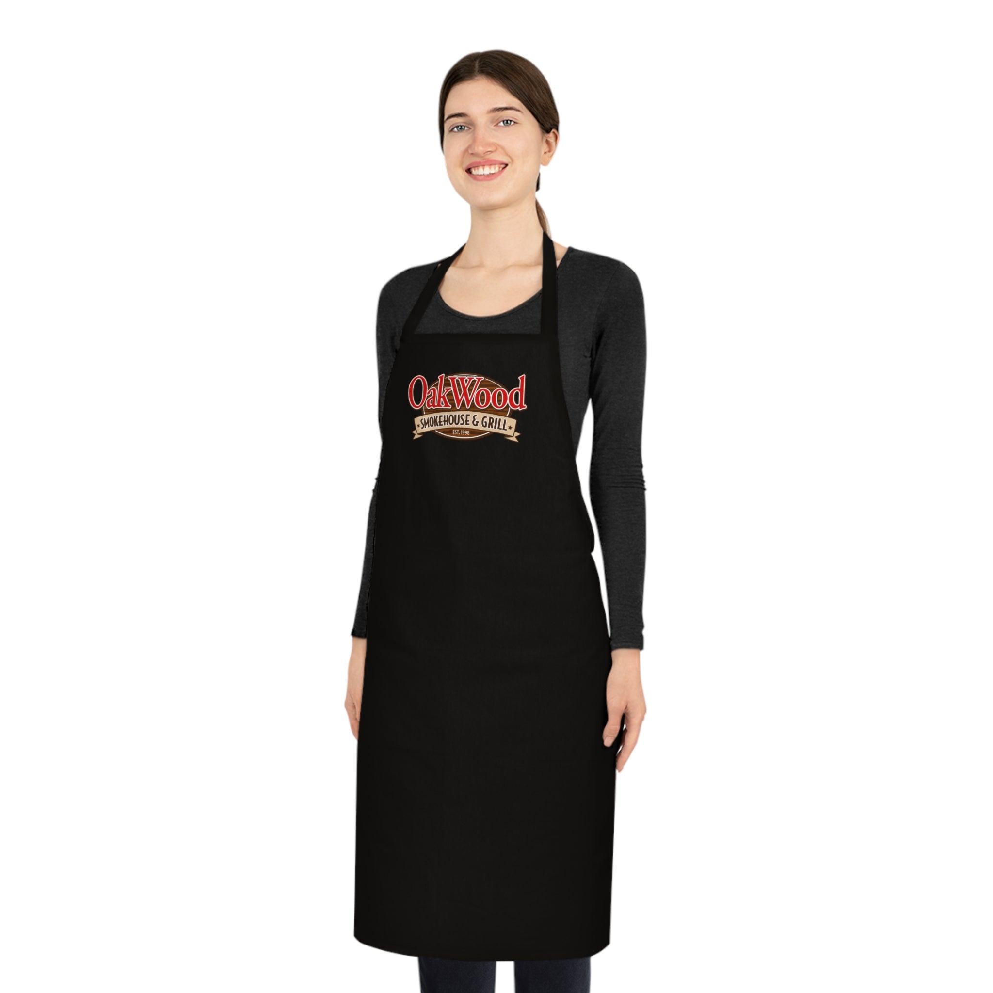 Cotton Apron — "OakWood Barbecue & Grill" Logo Cooking Apron, Black Chef Apron for BBQ, Grillmasters & Home Cooks