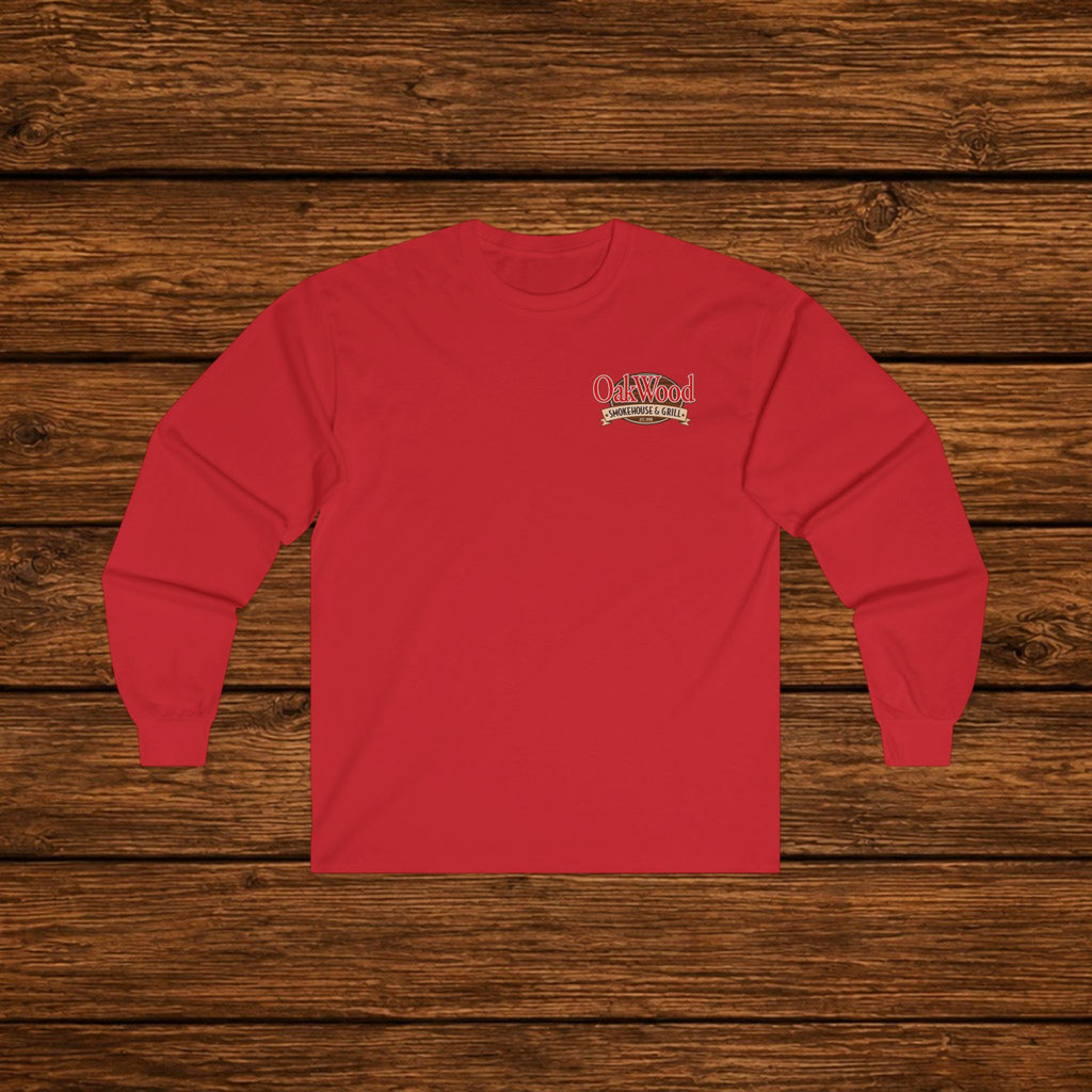 Classic 'Oakwood Smokehouse' Long Sleeve Tee — Rustic Lumberjack Woodpile Design