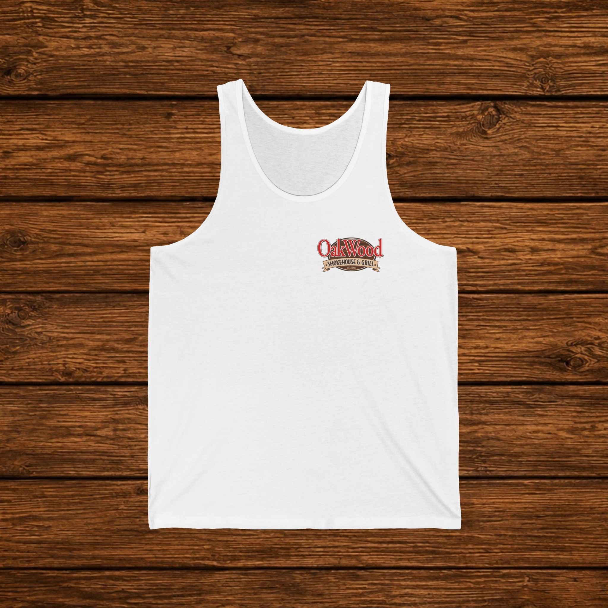 Oakwood Barbecue Logo Tank Top — Vintage BBQ Grillman Chest Design