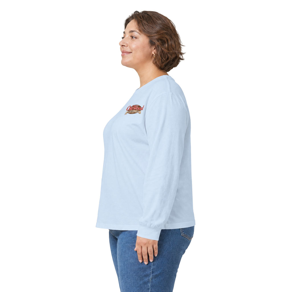 Classic 'Oakwood Smokehouse' Long Sleeve Tee — Rustic Lumberjack Woodpile Design