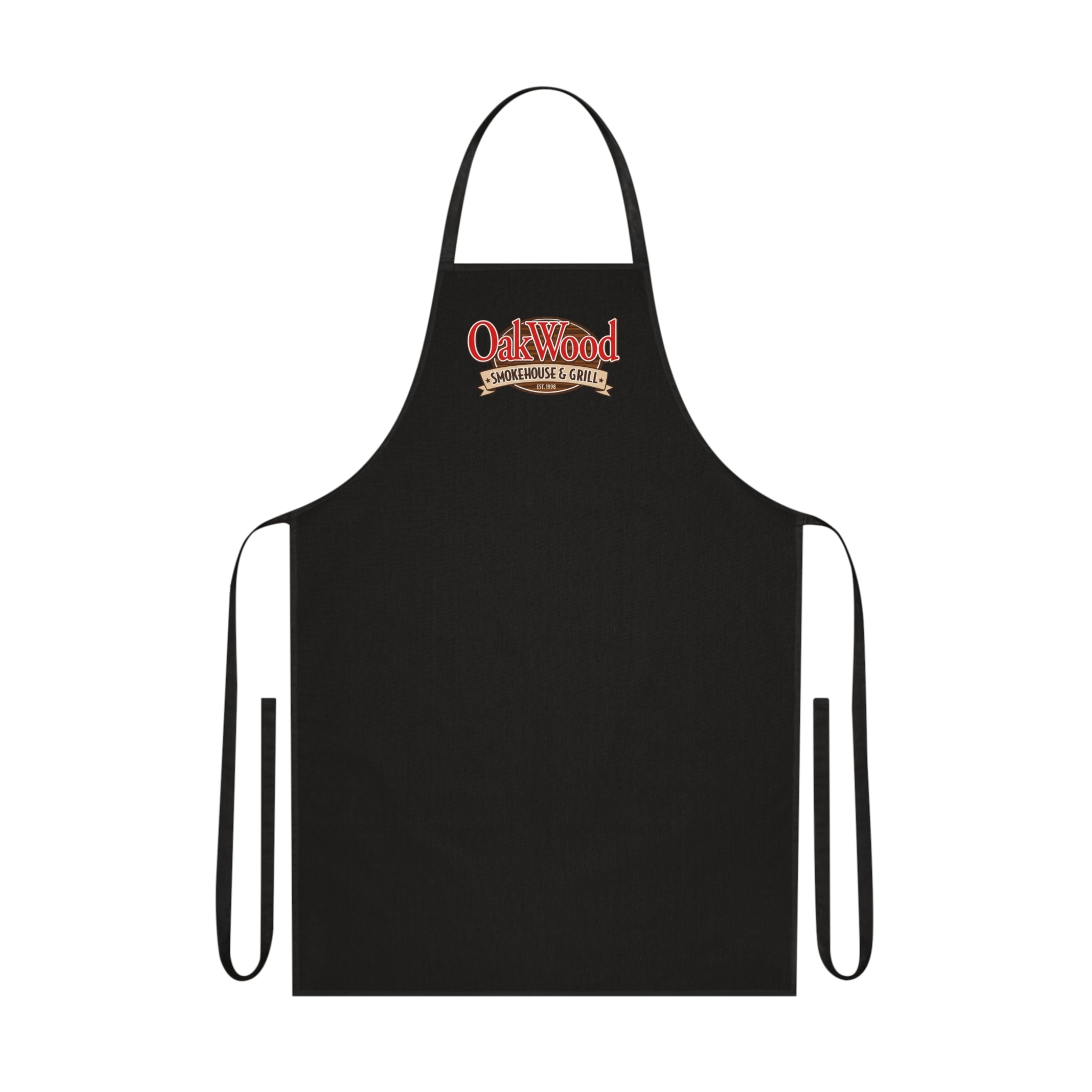 Cotton Apron — "OakWood Barbecue & Grill" Logo Cooking Apron, Black Chef Apron for BBQ, Grillmasters & Home Cooks
