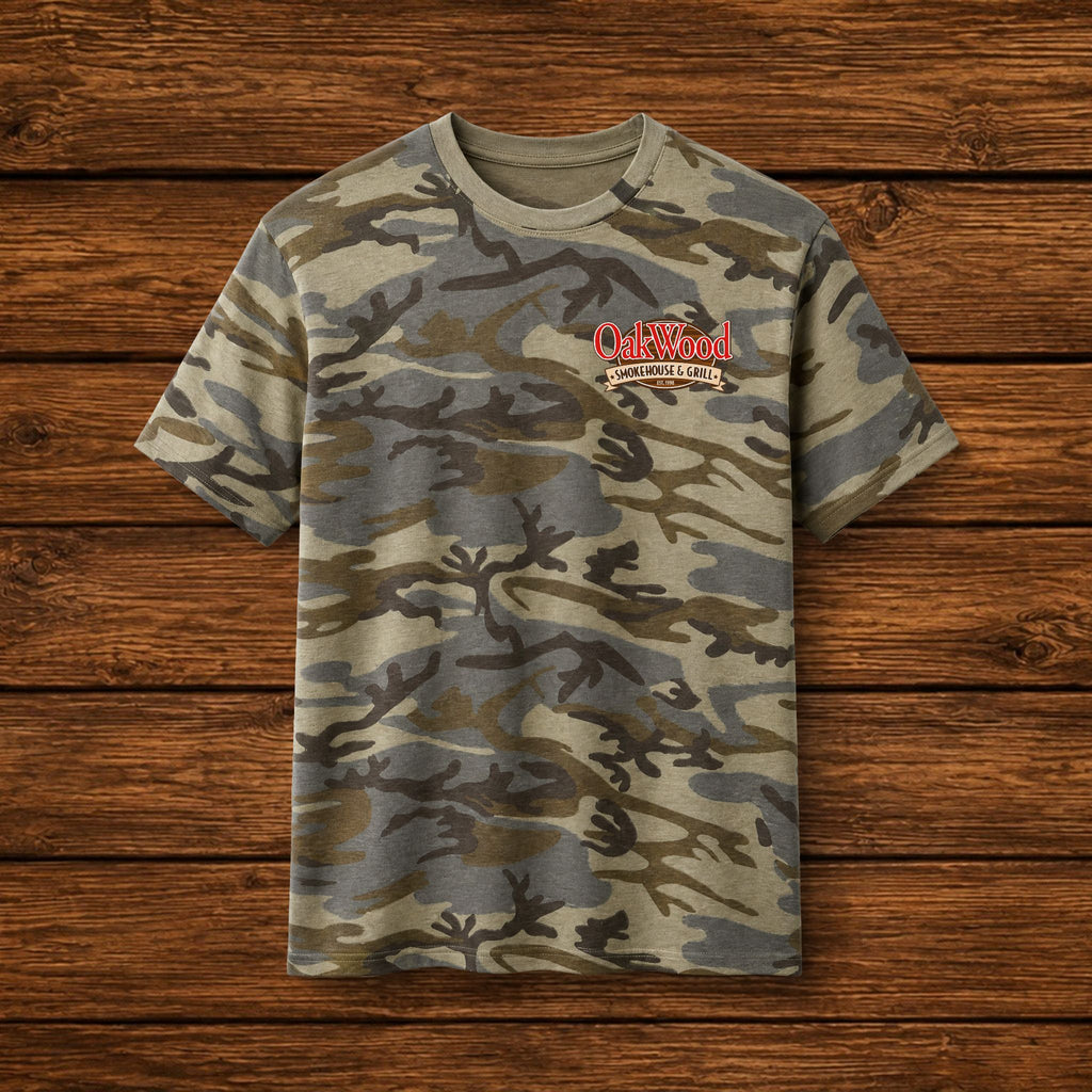 Camo Graphic Tee — 'OakWood' Logo Cotton T-Shirt