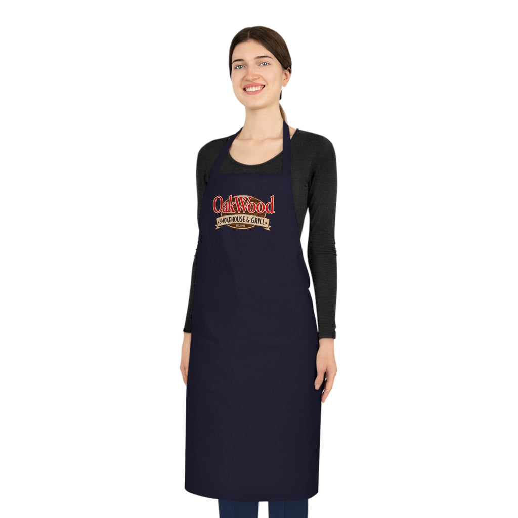 Cotton Apron — "OakWood Barbecue & Grill" Logo Cooking Apron, Black Chef Apron for BBQ, Grillmasters & Home Cooks