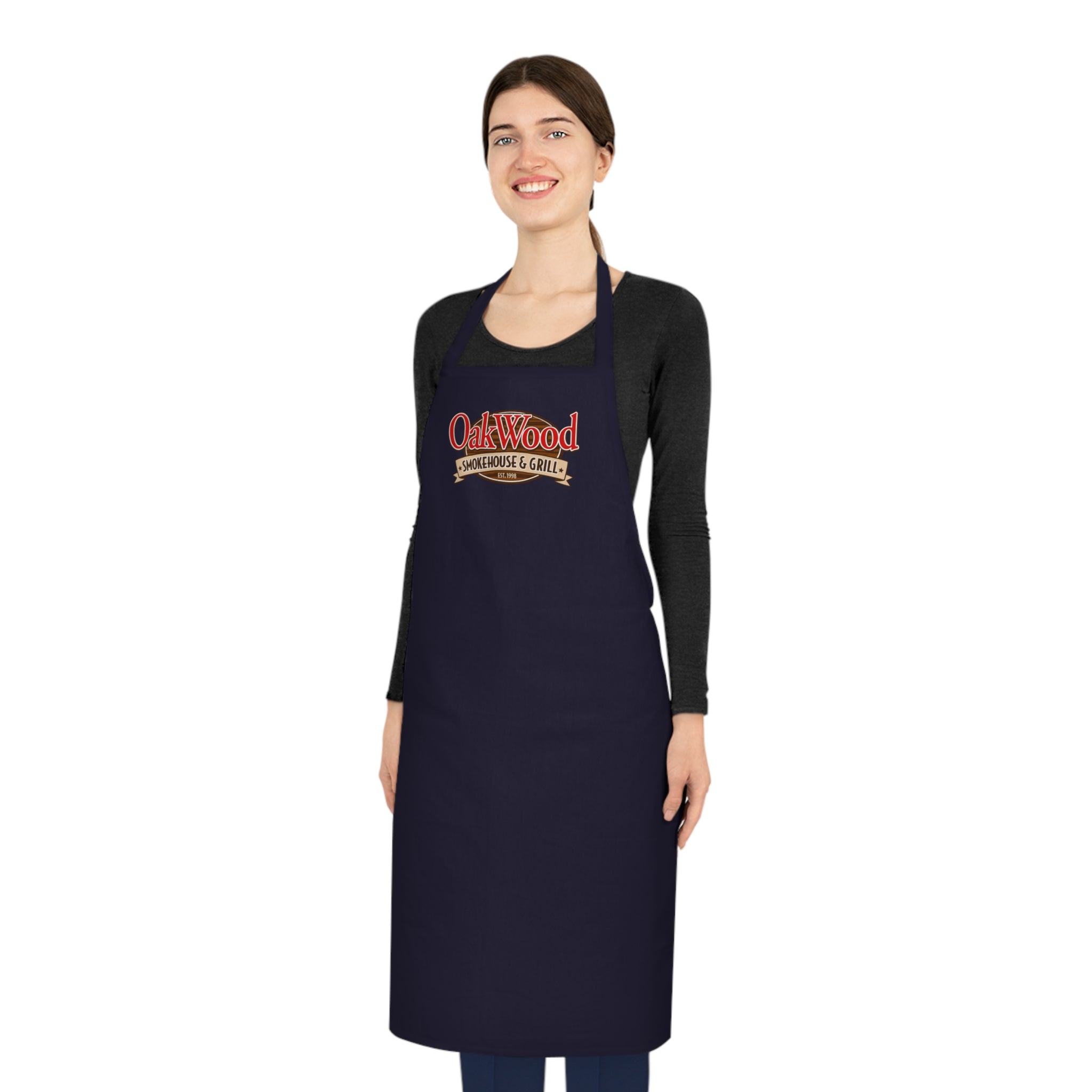 Cotton Apron — "OakWood Barbecue & Grill" Logo Cooking Apron, Black Chef Apron for BBQ, Grillmasters & Home Cooks