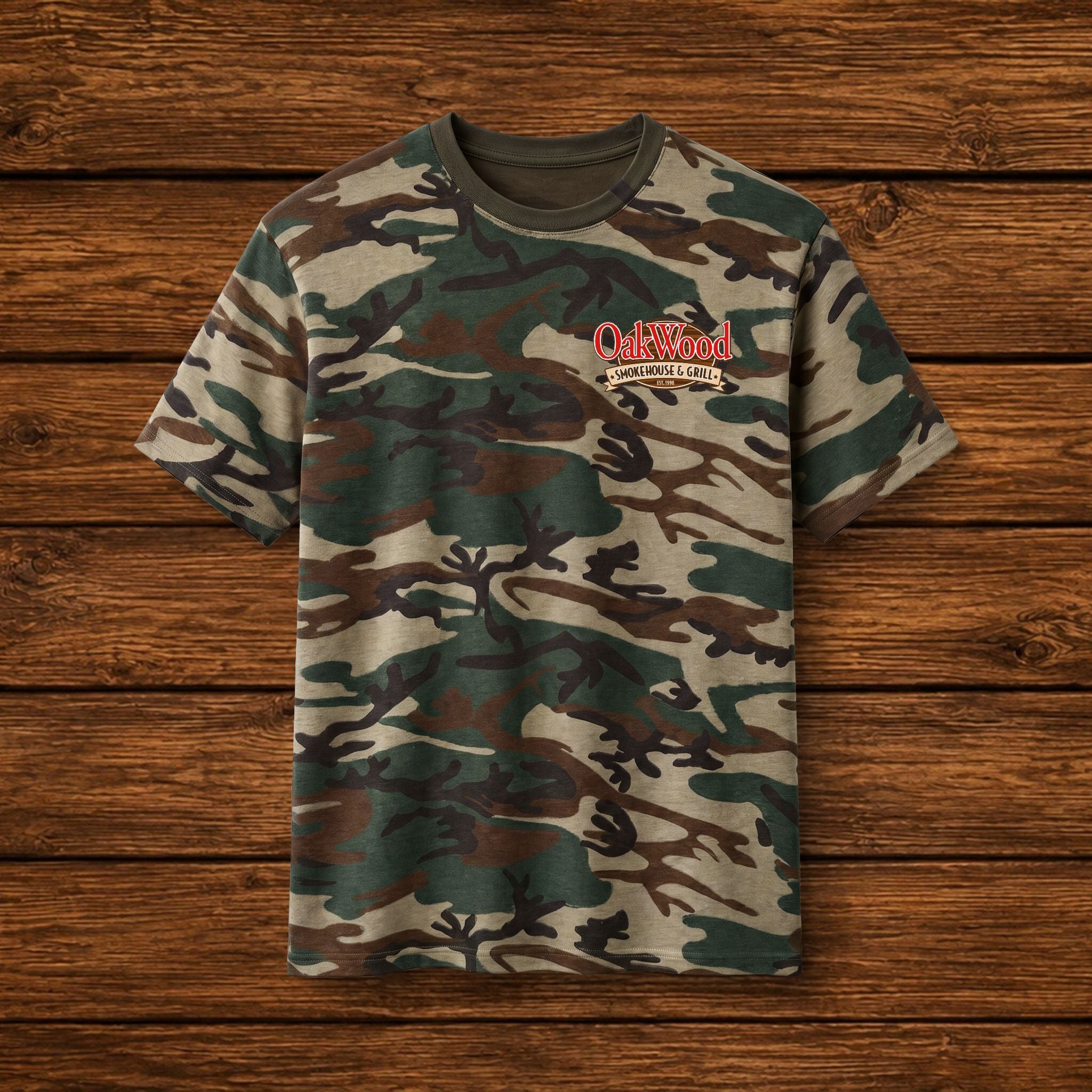 Camo Graphic Tee — 'OakWood' Logo Cotton T-Shirt