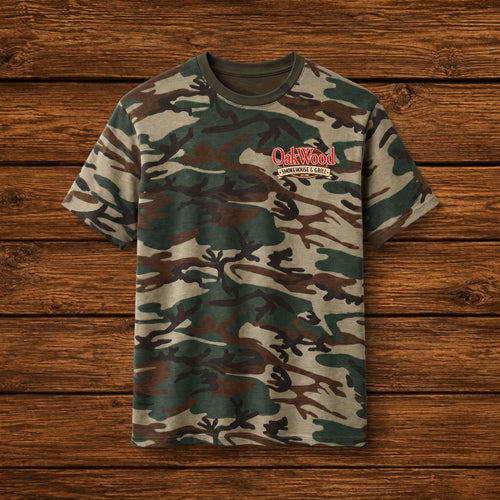 Camo Graphic Tee — 'OakWood' Logo Cotton T-Shirt