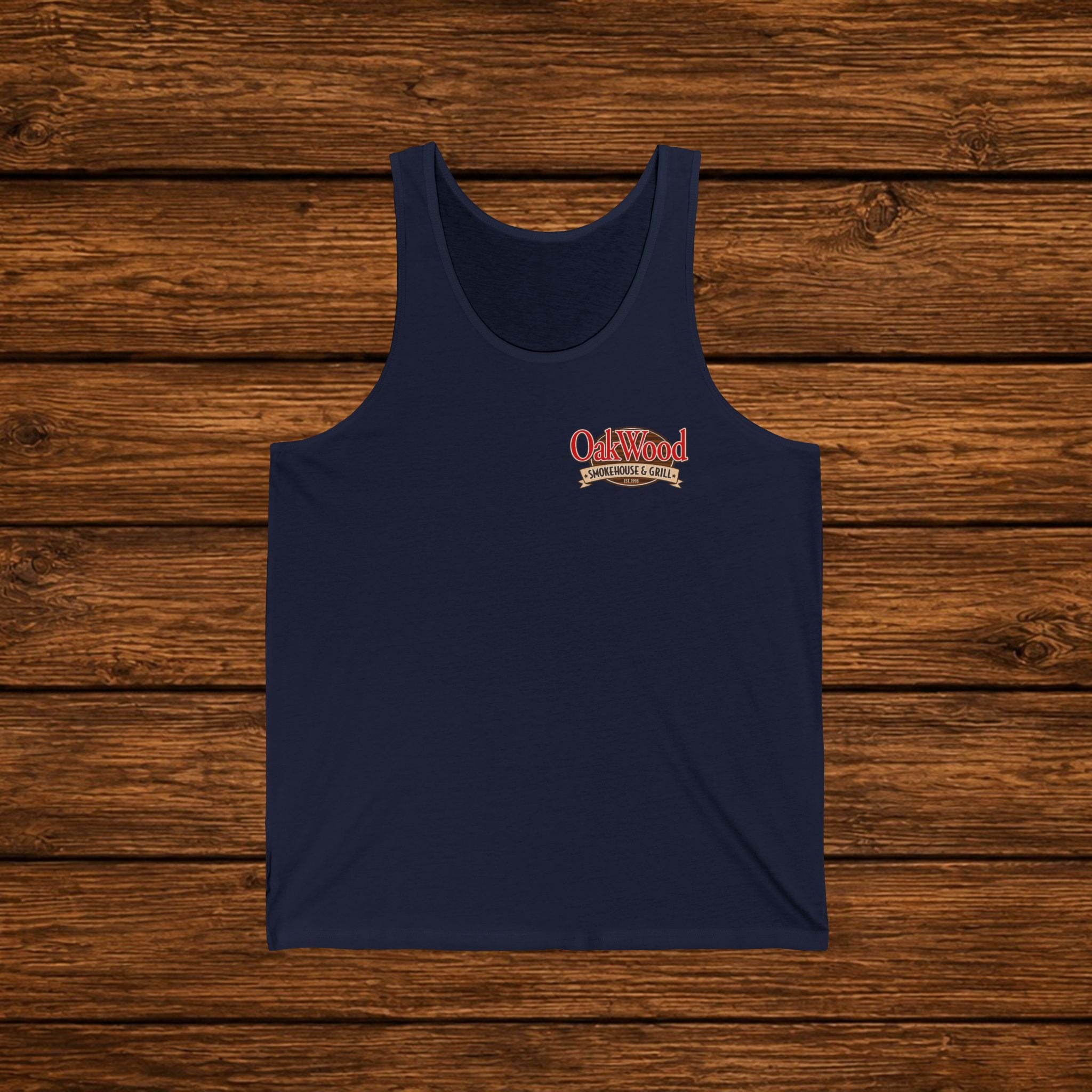 Oakwood Barbecue Logo Tank Top — Vintage BBQ Grillman Chest Design