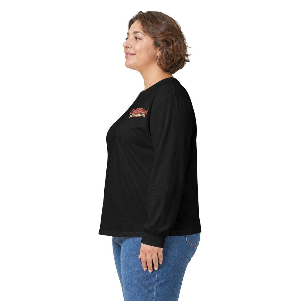 Classic 'Oakwood Smokehouse' Long Sleeve Tee — Rustic Lumberjack Woodpile Design