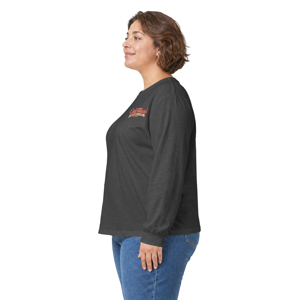 Classic 'Oakwood Smokehouse' Long Sleeve Tee — Rustic Lumberjack Woodpile Design