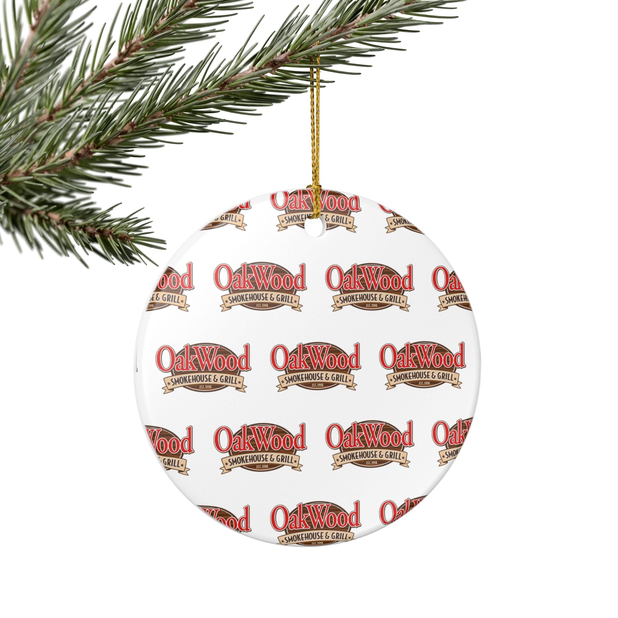 Ceramic Christmas Ornament — OakWood Smokehouse & Grill Logo "Merry Christmas" Keepsake