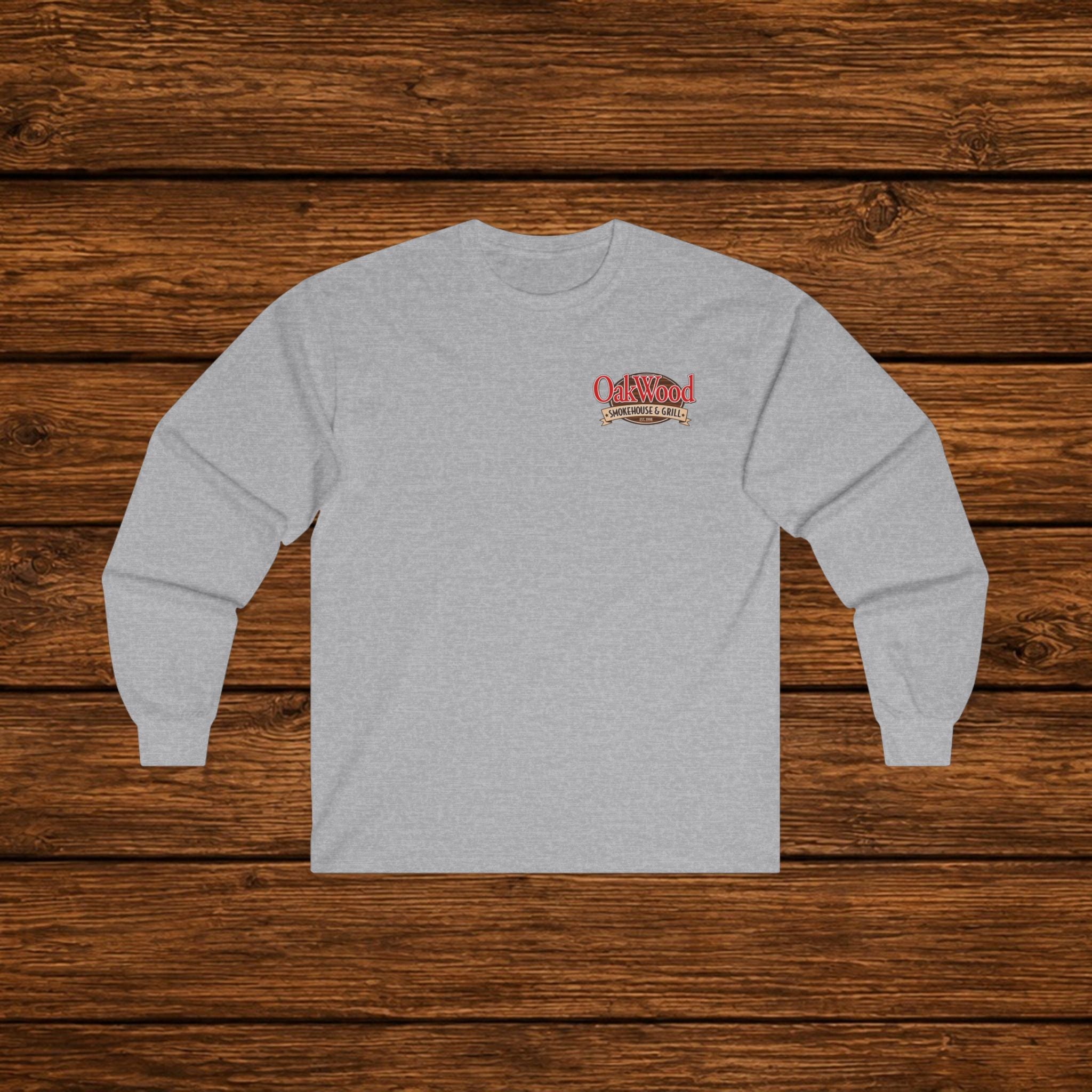 Classic 'Oakwood Smokehouse' Long Sleeve Tee — Rustic Lumberjack Woodpile Design