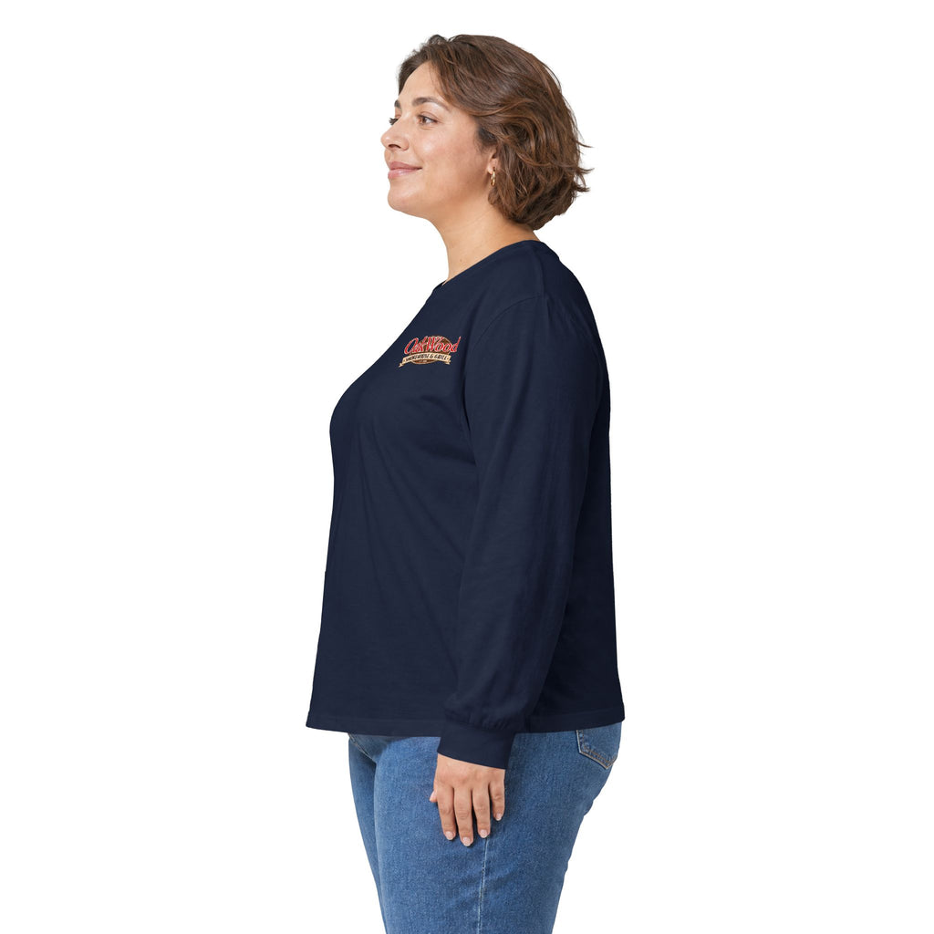 Classic 'Oakwood Smokehouse' Long Sleeve Tee — Rustic Lumberjack Woodpile Design