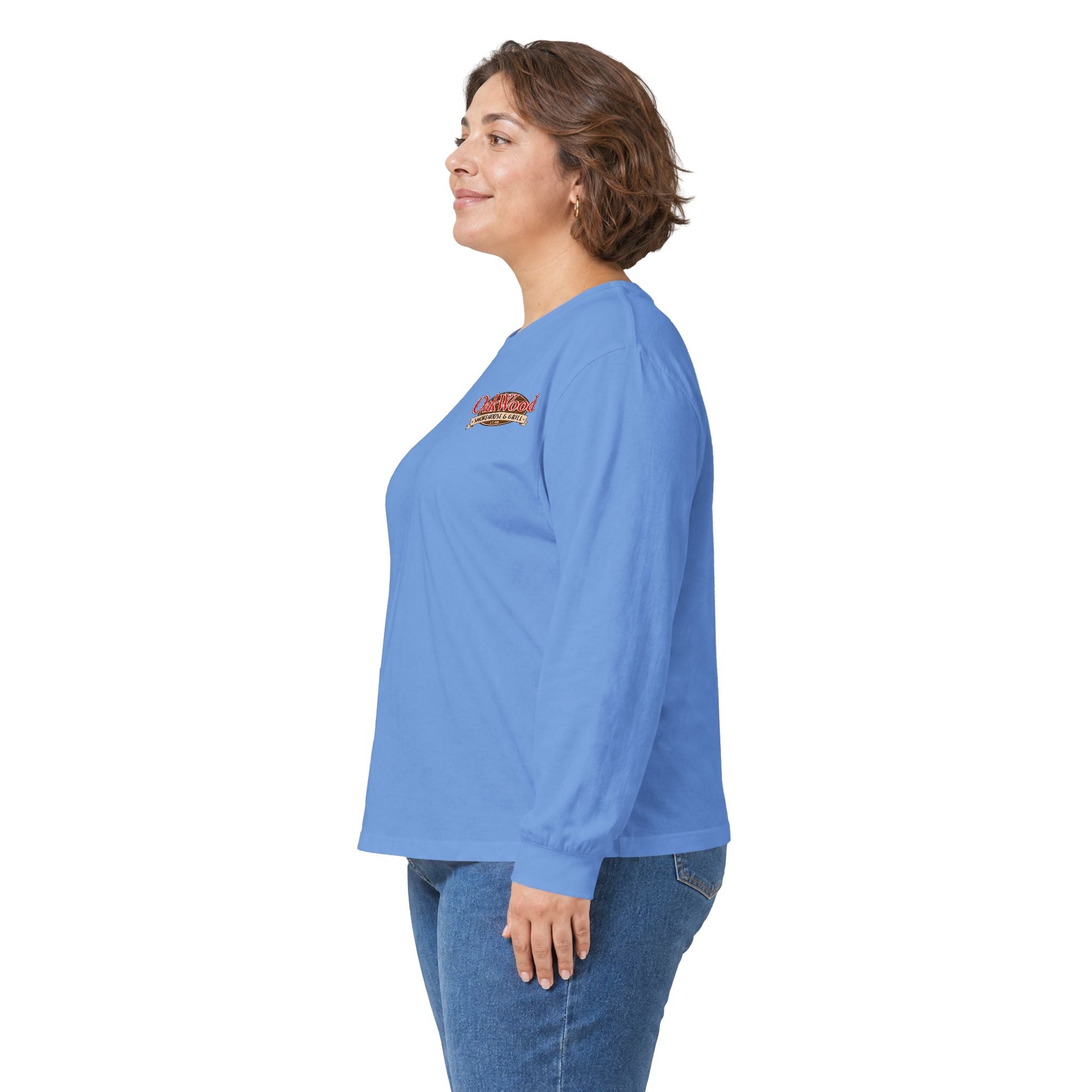 Classic 'Oakwood Smokehouse' Long Sleeve Tee — Rustic Lumberjack Woodpile Design