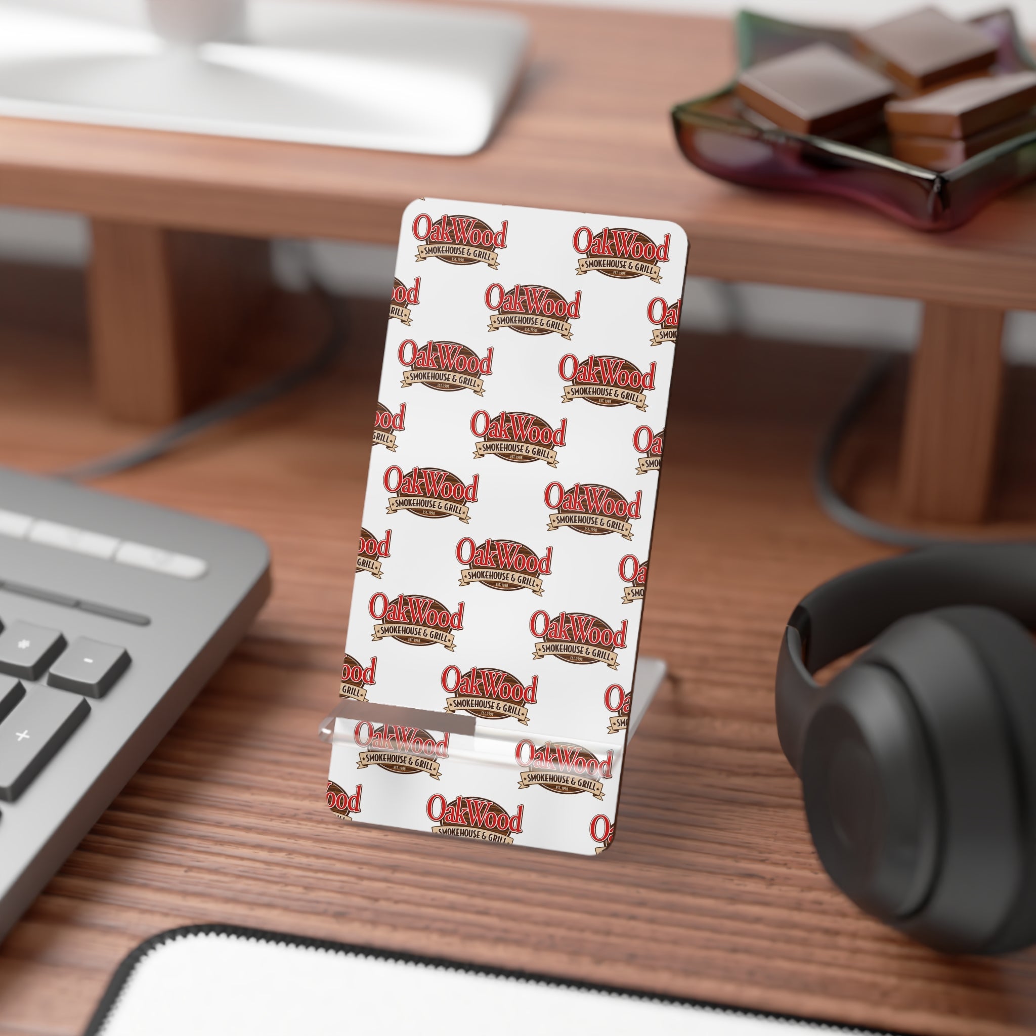 Branded Mobile Phone Stand — OakWood Motorworks Logo Desktop Holder