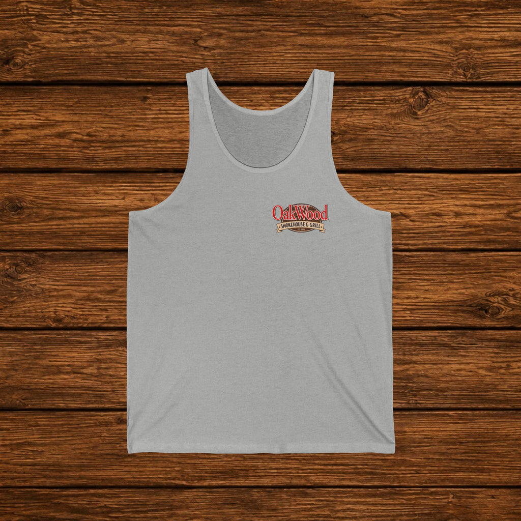 Oakwood Barbecue Logo Tank Top — Vintage BBQ Grillman Chest Design