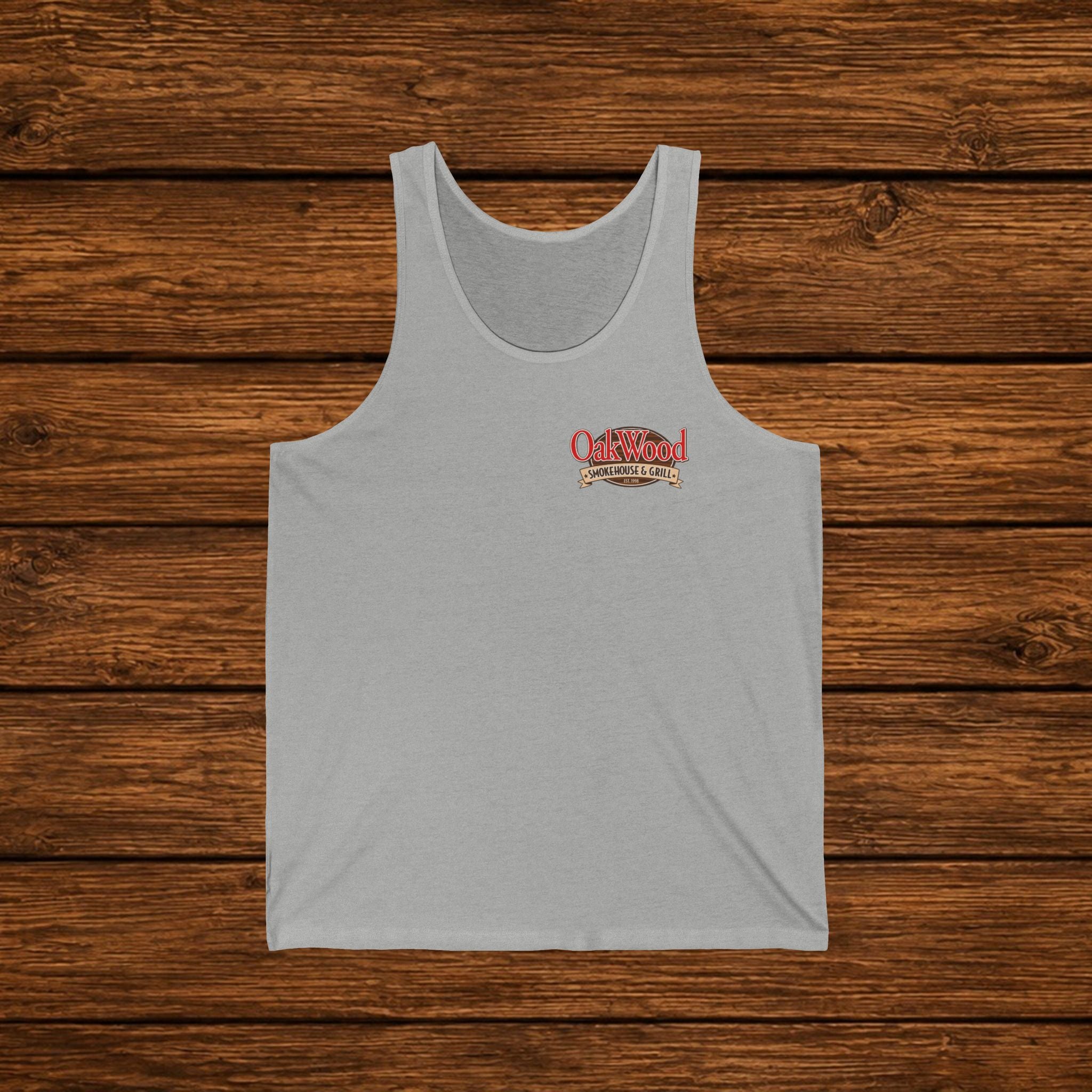 Oakwood Barbecue Logo Tank Top — Vintage BBQ Grillman Chest Design
