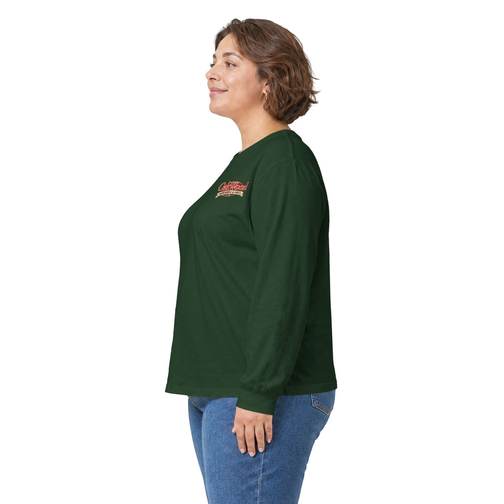Classic 'Oakwood Smokehouse' Long Sleeve Tee — Rustic Lumberjack Woodpile Design