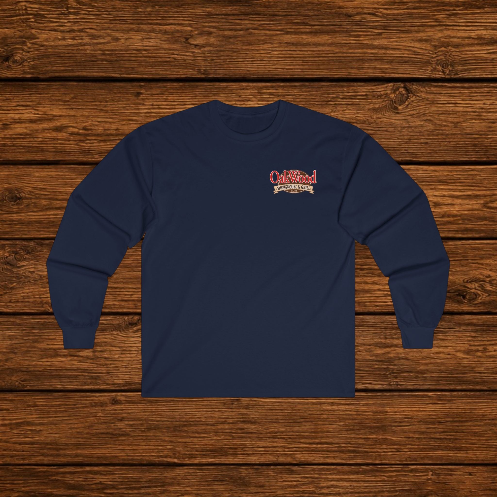 Classic 'Oakwood Smokehouse' Long Sleeve Tee — Rustic Lumberjack Woodpile Design
